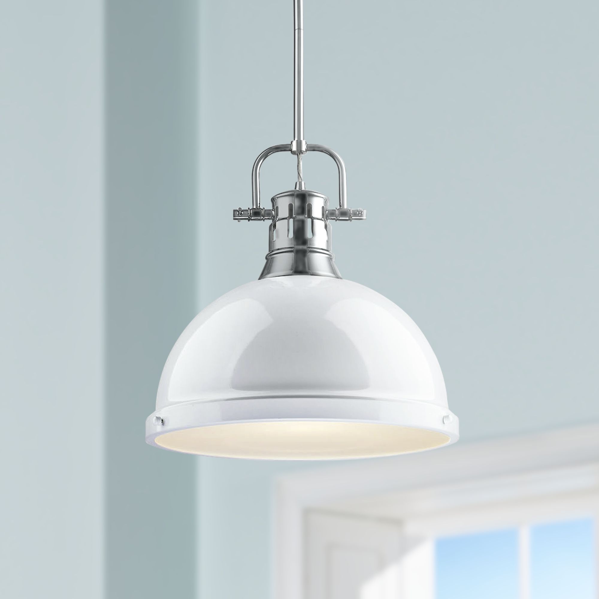 Duncan 14" Wide White Shade Chrome Pendant Light 13G98 Lamps Plus