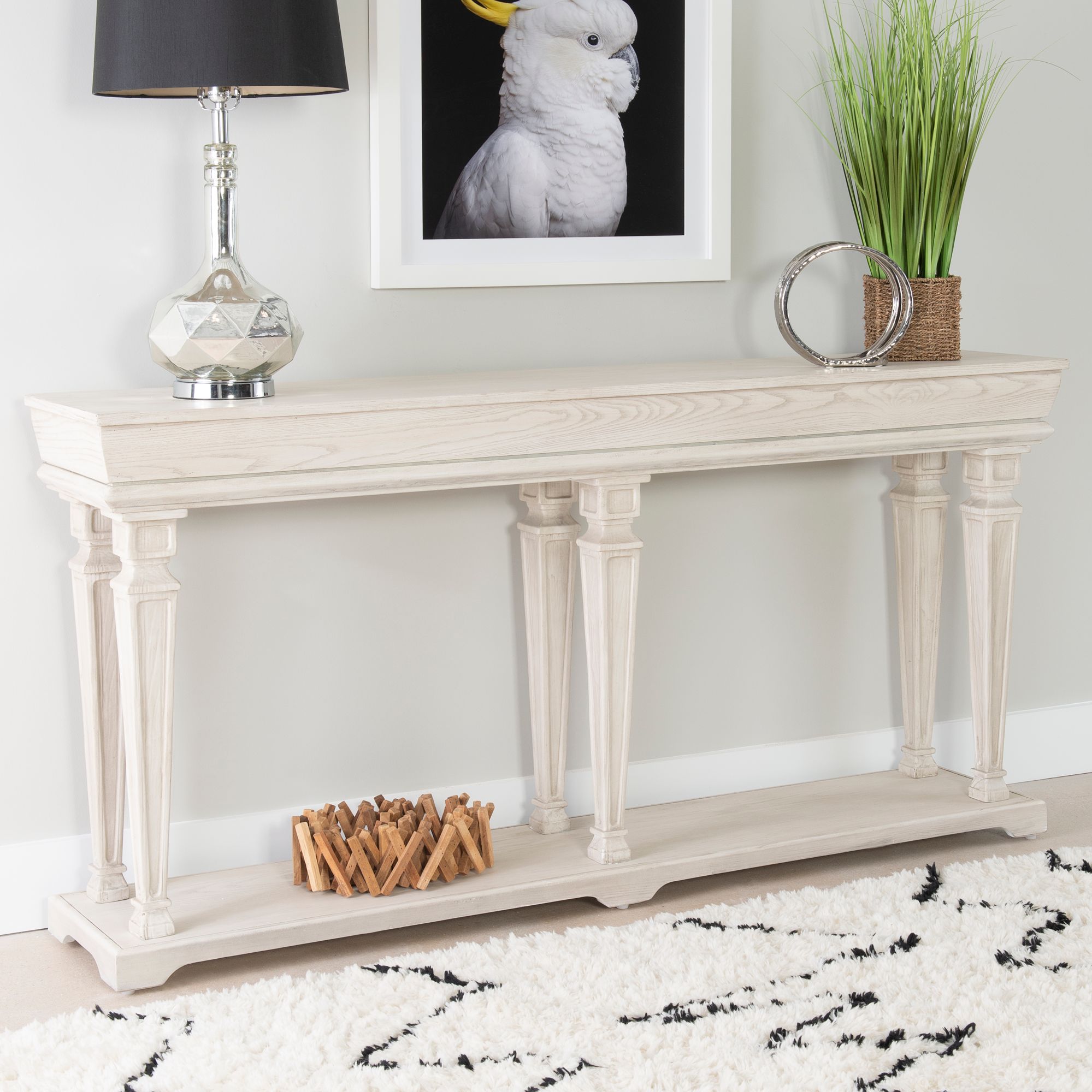 Benji 68" Wide Rustic Distressed Cream Console Table with Shelf