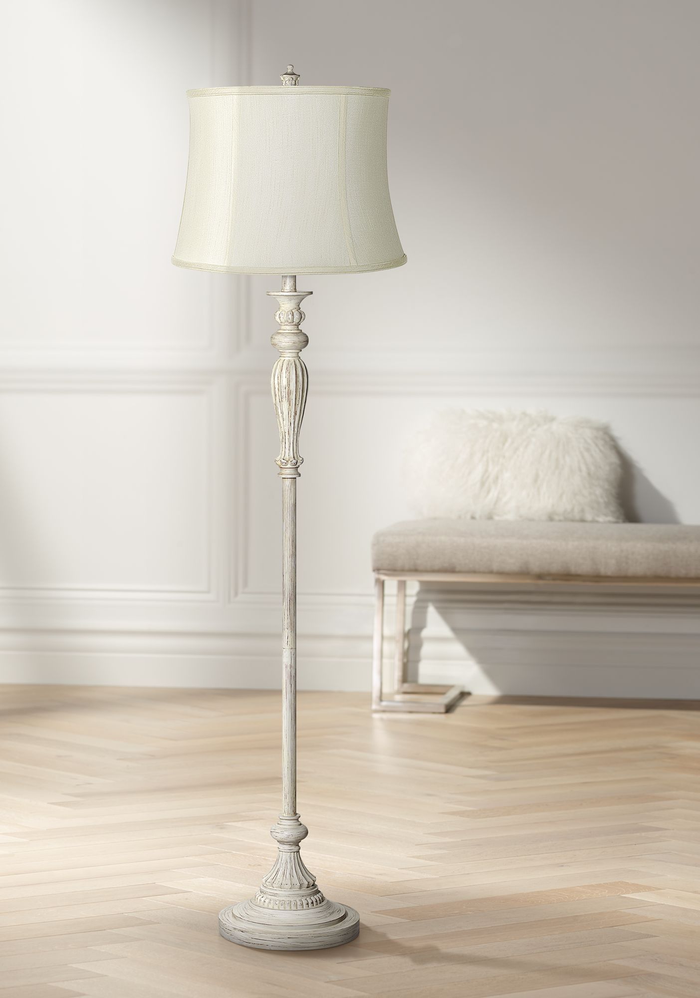 Creme Fabric Drum Shade Antique White Floor Lamp 17K27 Lamps Plus
