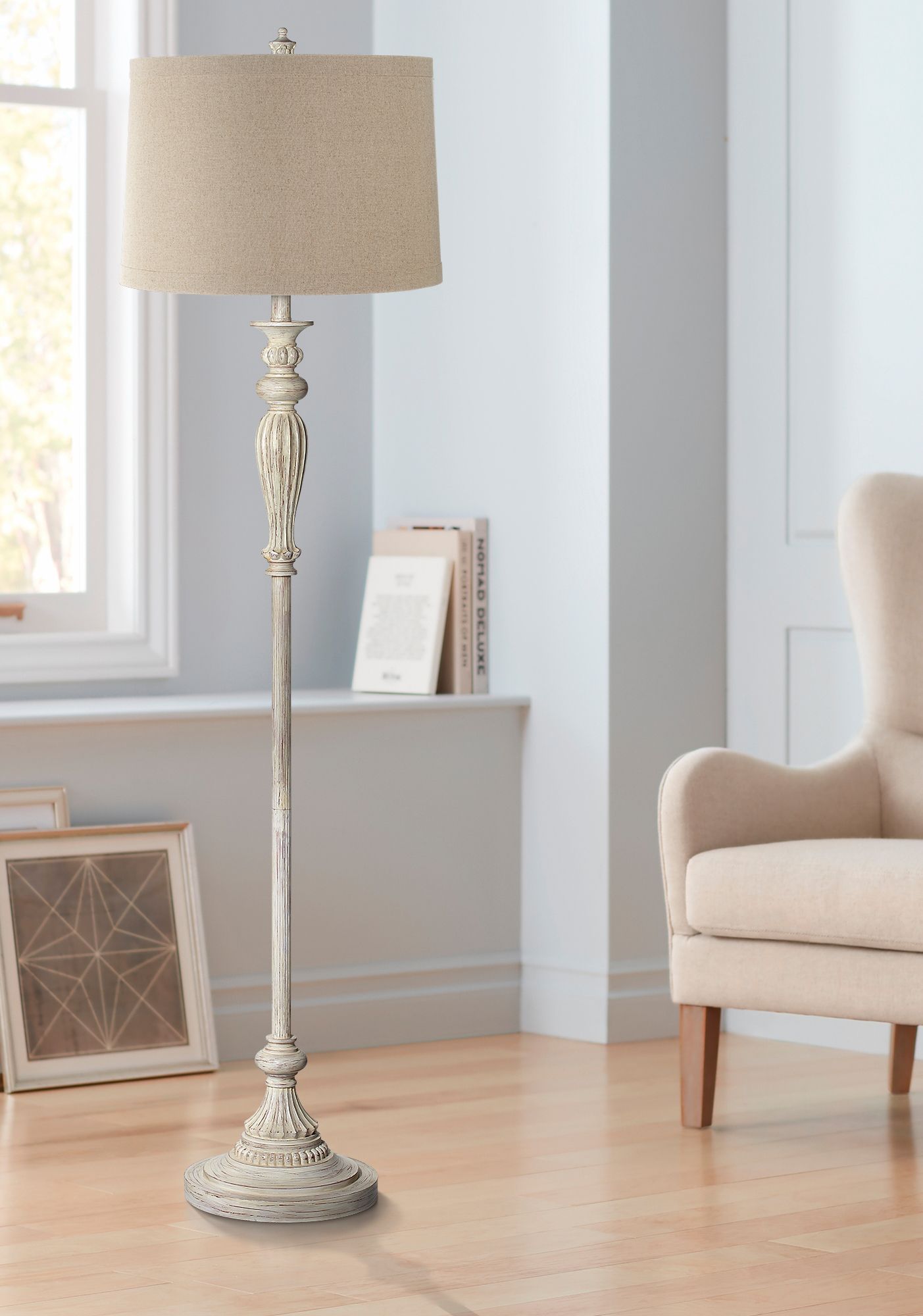 Linen Drum Shade Vintage Chic Antique White Floor Lamp 17K31 Lamps Plus