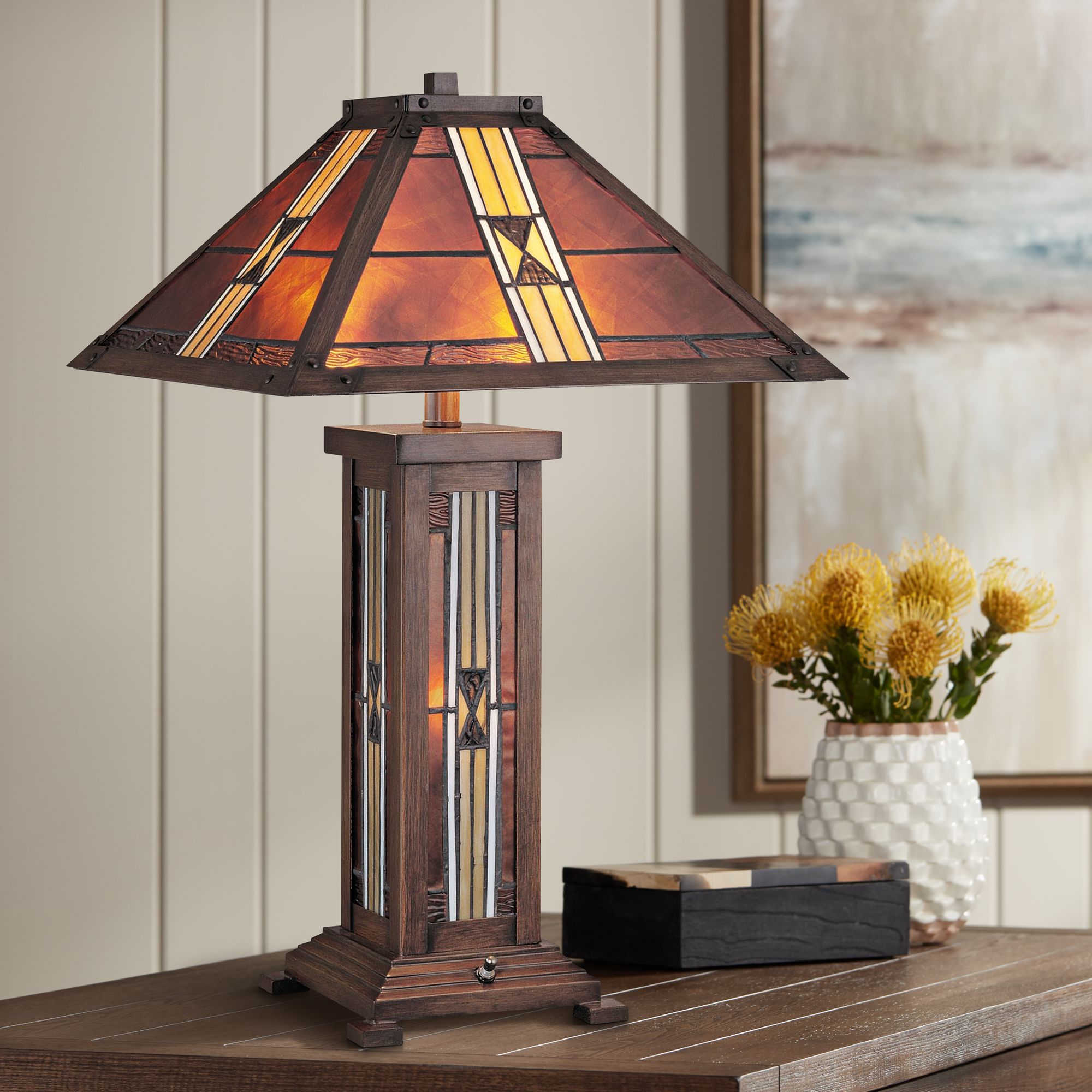 Lite Source Farah Bronze Nightlight Art Glass Table Lamp 1N862