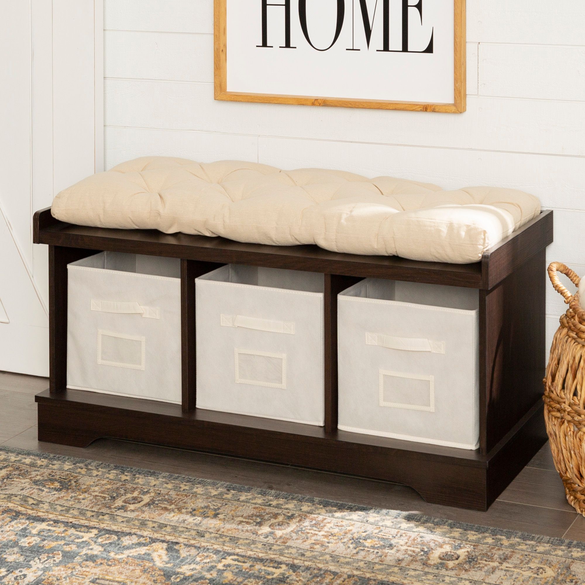 Carvallo Espresso 3Cubby Storage Bench with Bins 24W13 Lamps Plus