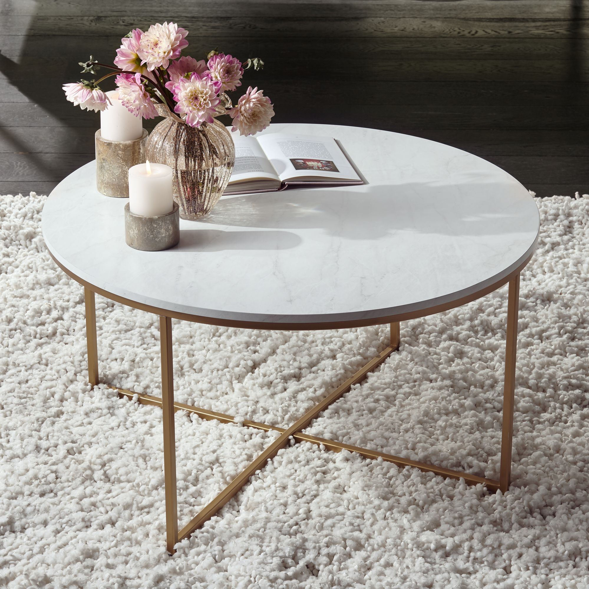 Marble And Gold Coffee Table Aurelia 36" Wide Faux Marble and Gold Modern Coffee Table 24W56