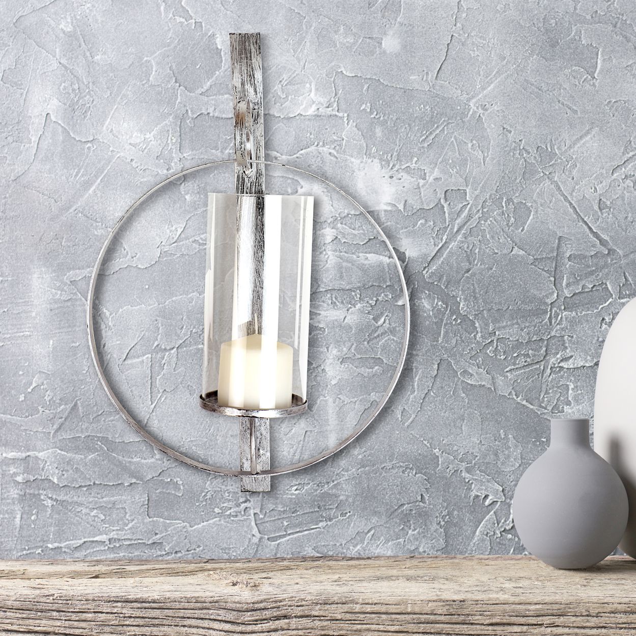 Orbit II Antique Silver Wall Sconce Pillar Candle Holder 290A0