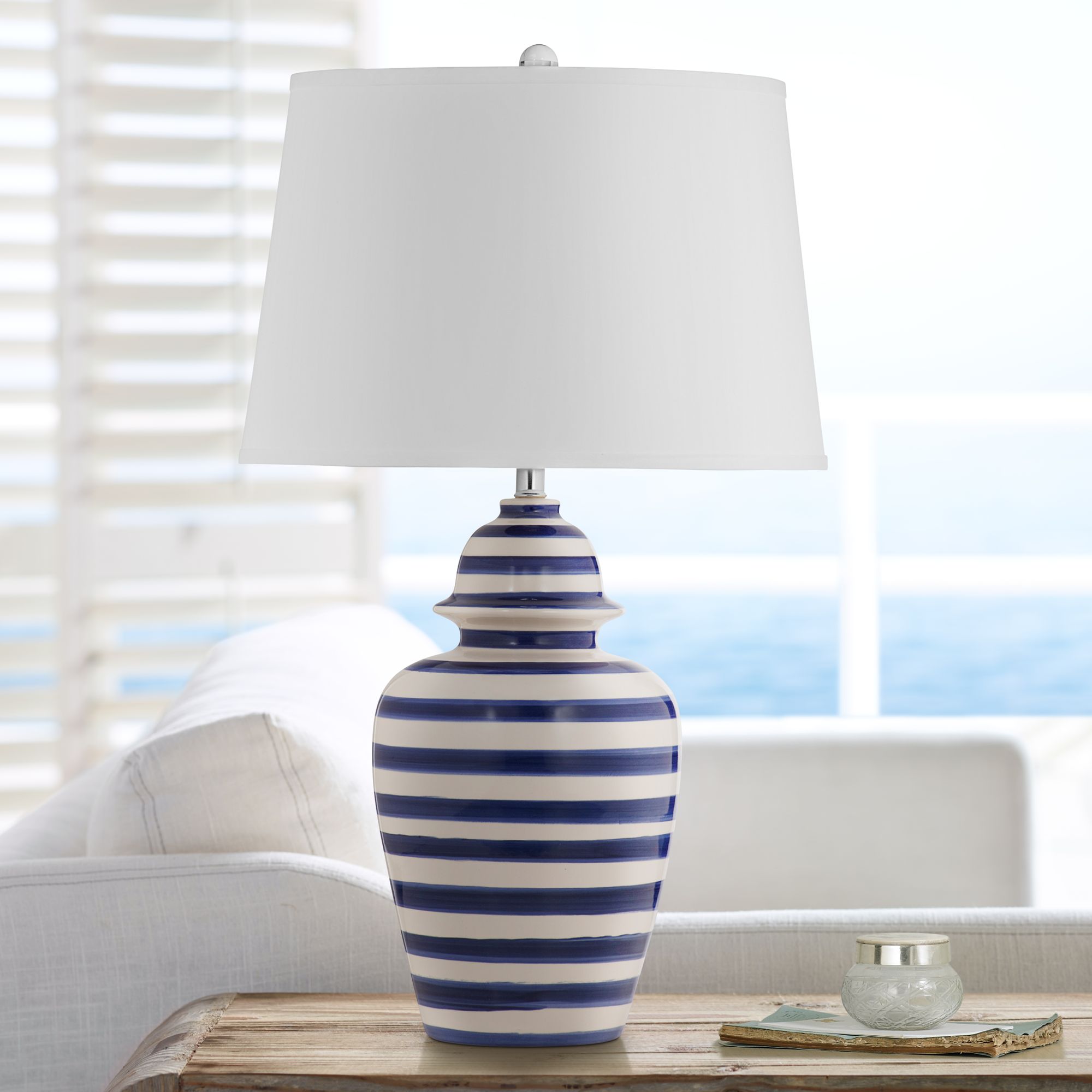 Davis Navy Blue Stripe Ceramic Table Lamp 295E0 Lamps Plus