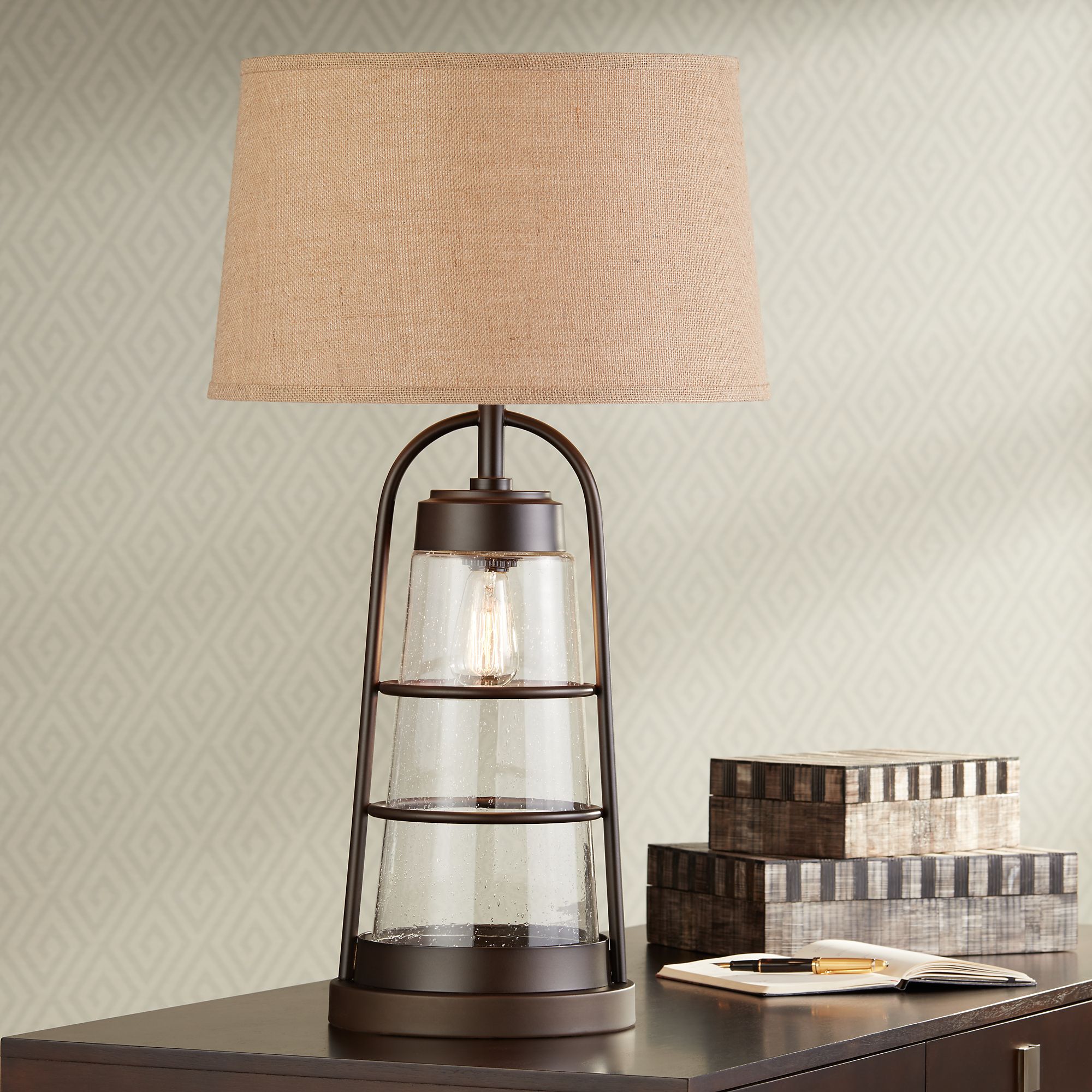 Industrial Lantern Table Lamp with Night Light 2V218 Lamps Plus