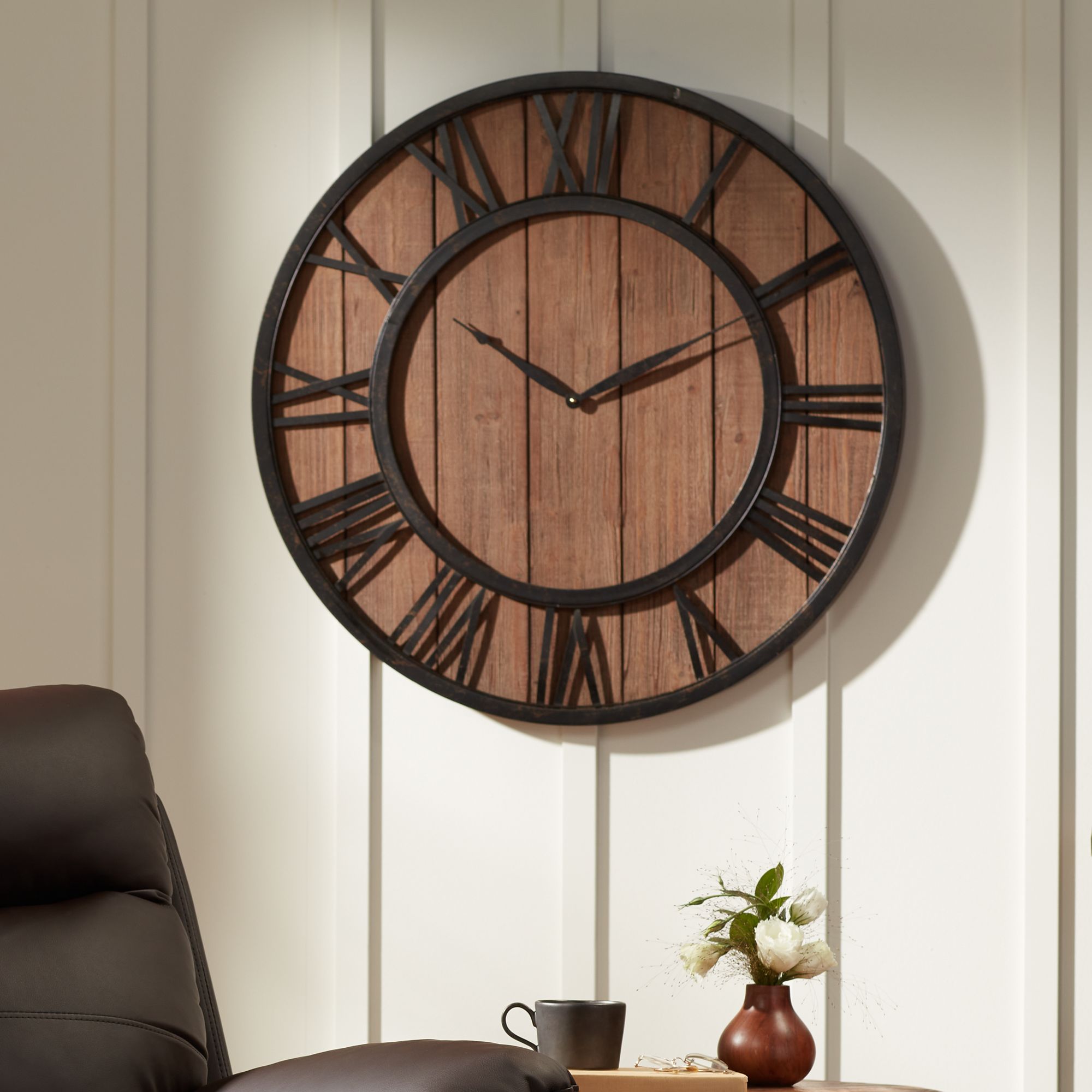Uttermost Powell 30" Round Wooden Wall Clock 3J236 Lamps Plus