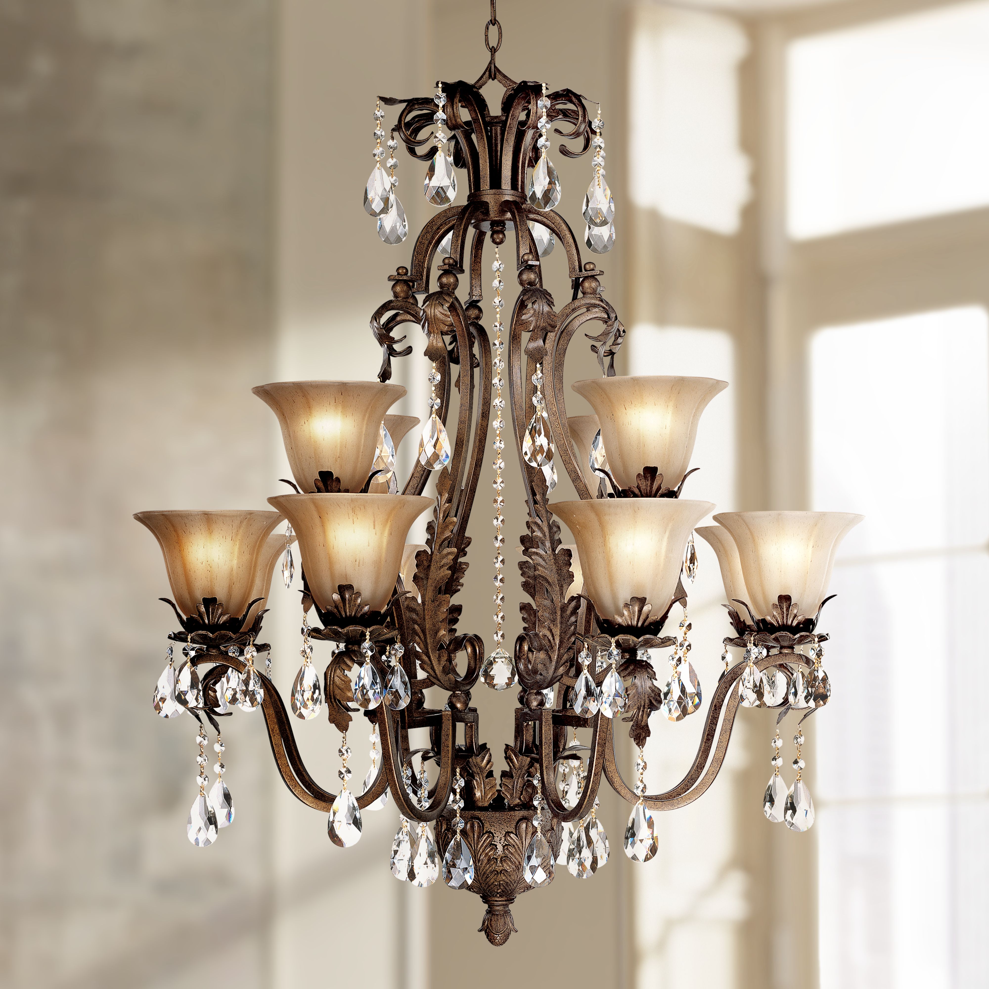 Iron Leaf 34" Wide Bronze and Crystal 12Light Chandelier 44422