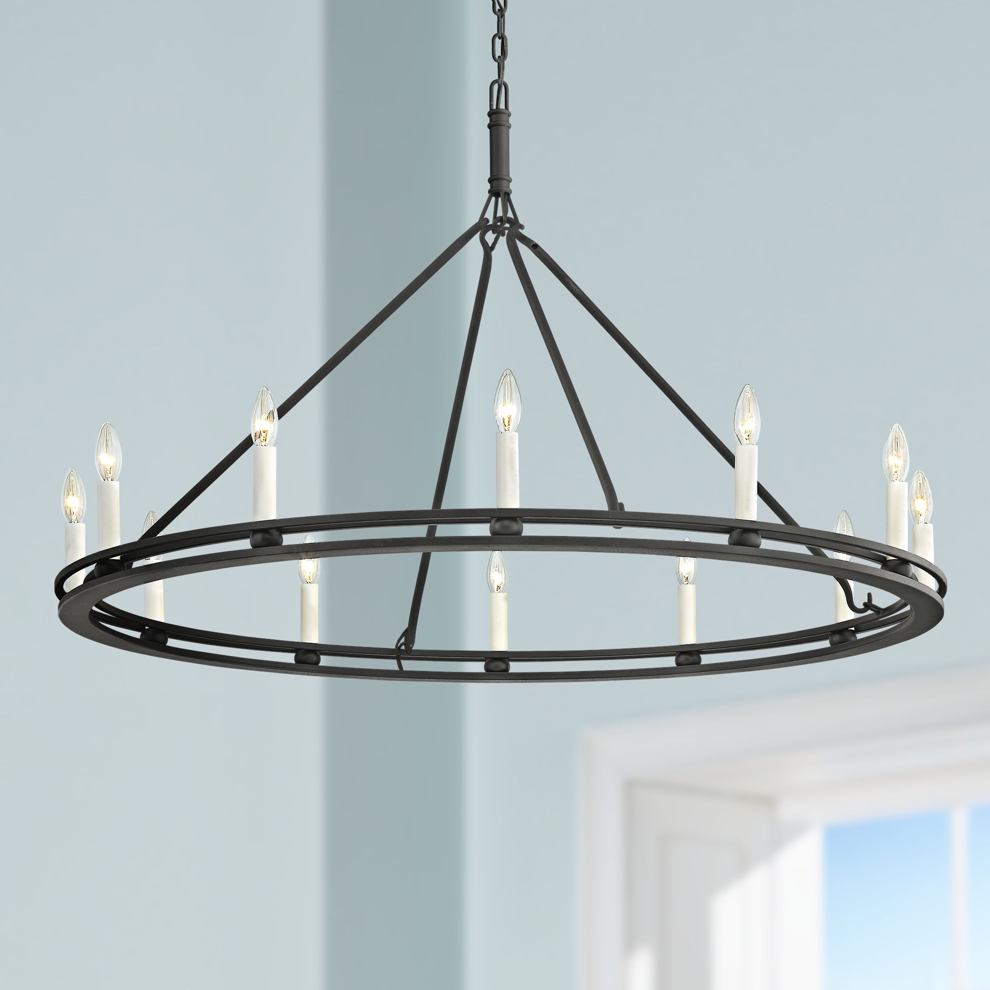 Sutton 44" Wide Black 12Light Wagon Wheel Chandelier 44Y26 Lamps Plus