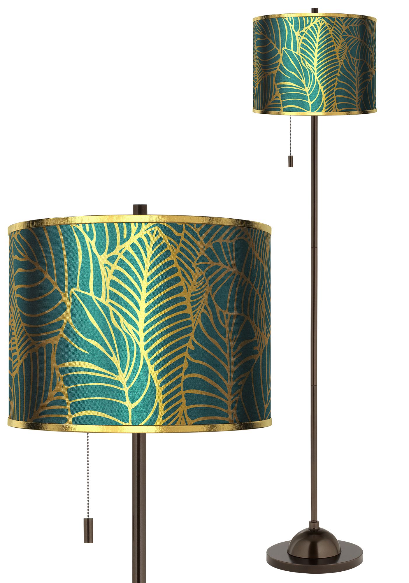 Tropical Leaves Gold Metallic Giclee Glow Bronze Club Floor Lamp