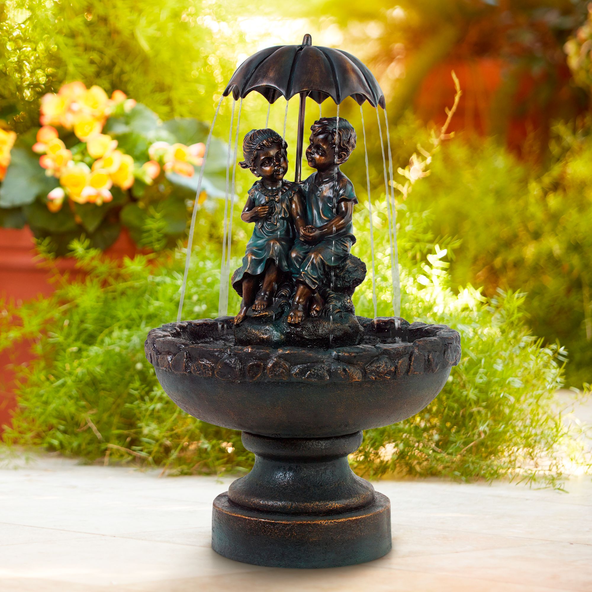 Boy and Girl Under Umbrella 40" High Indoor/Outdoor Fountain 4R475