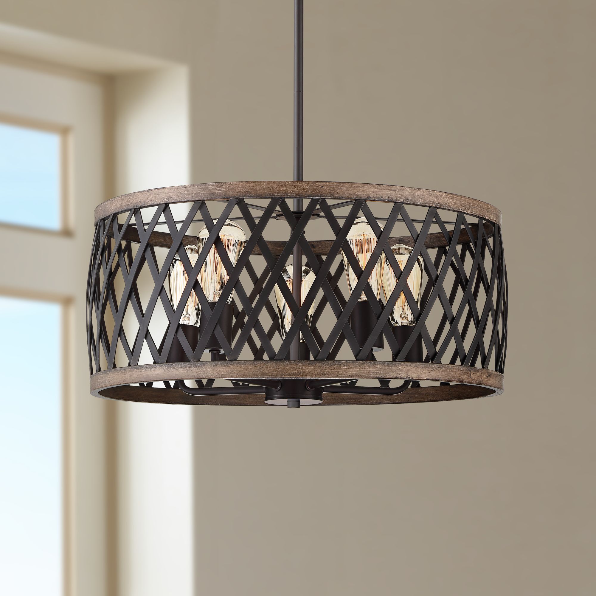 Aruba 20" Wide Woodgrain and Bronze 5Light Drum Pendant 54A56