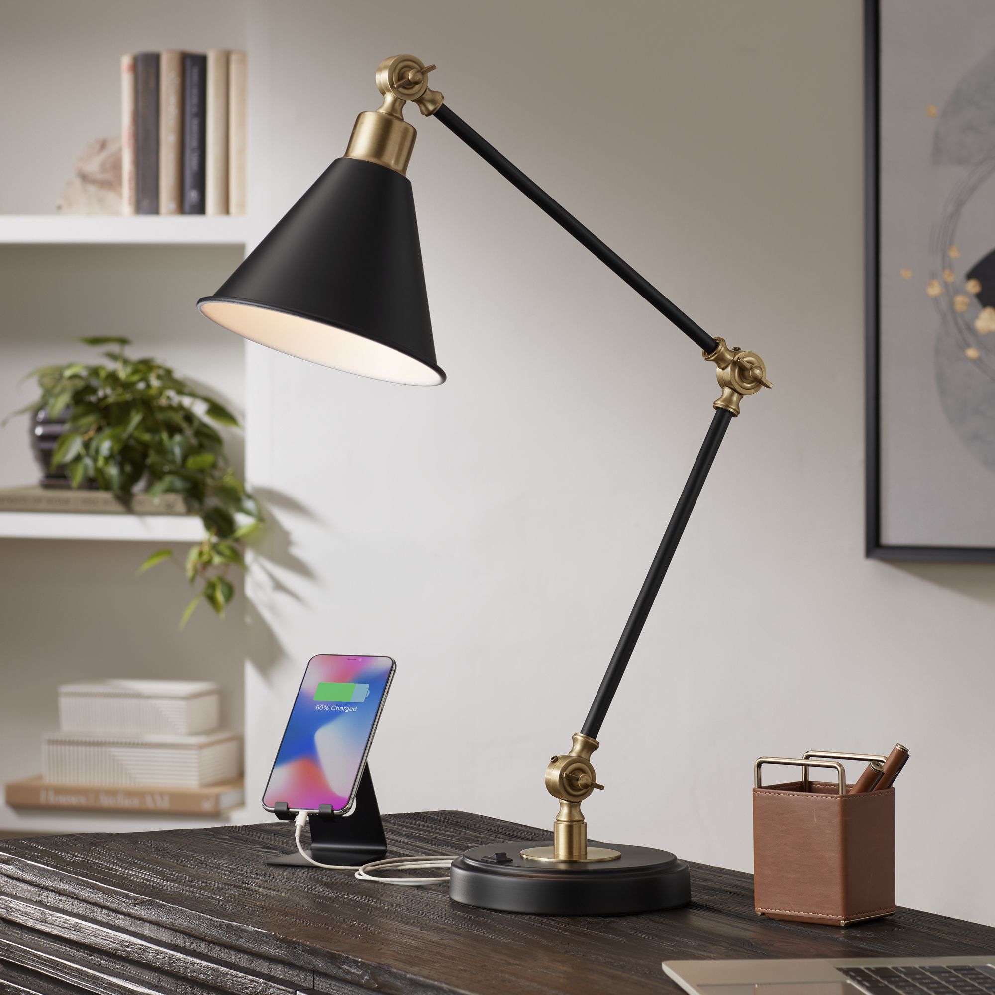 Wray Black and Antique Brass Adjustable Desk Lamp with USB 56F23