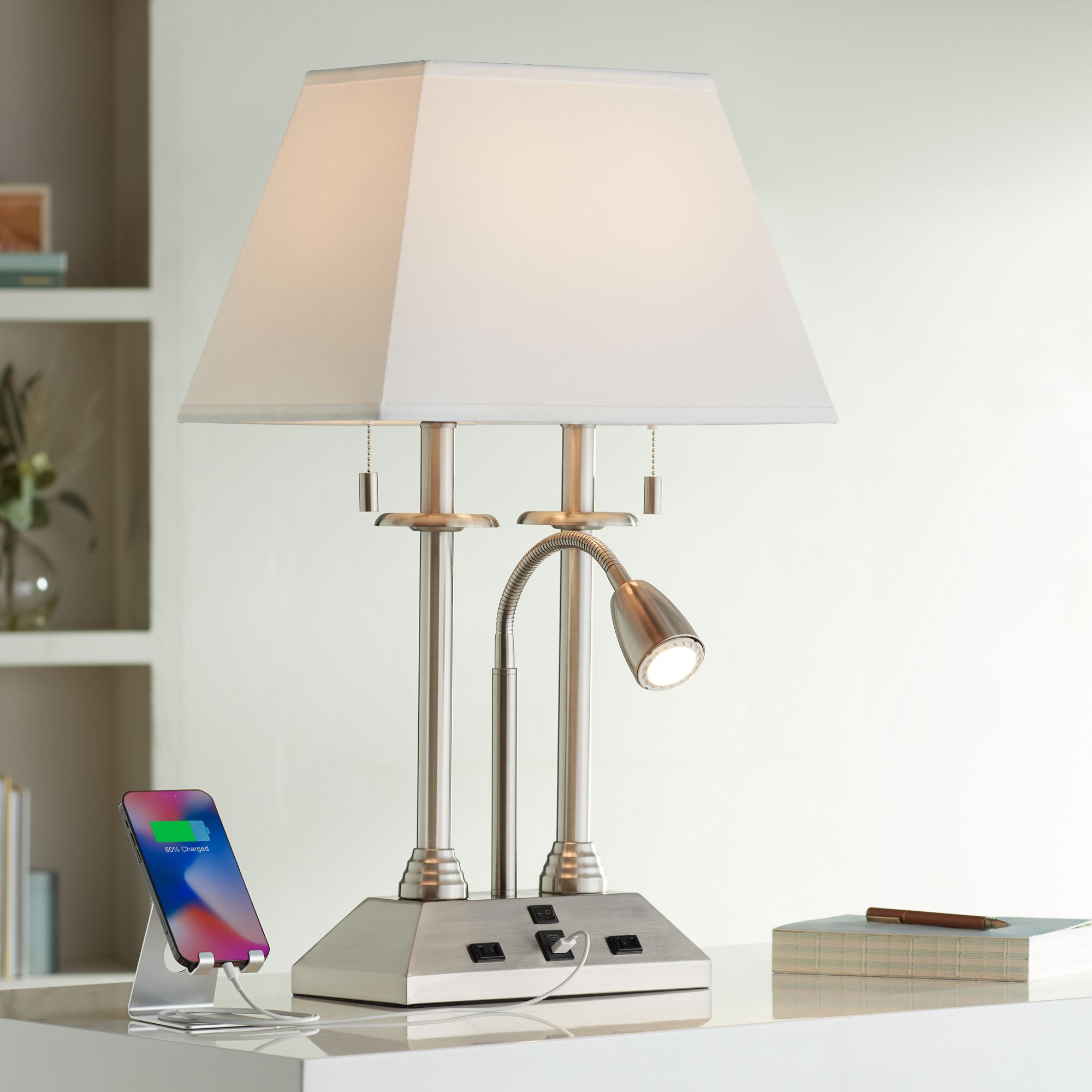 Dexter Nickel Finish Desk Lamp with USB Port and Outlets 56F78