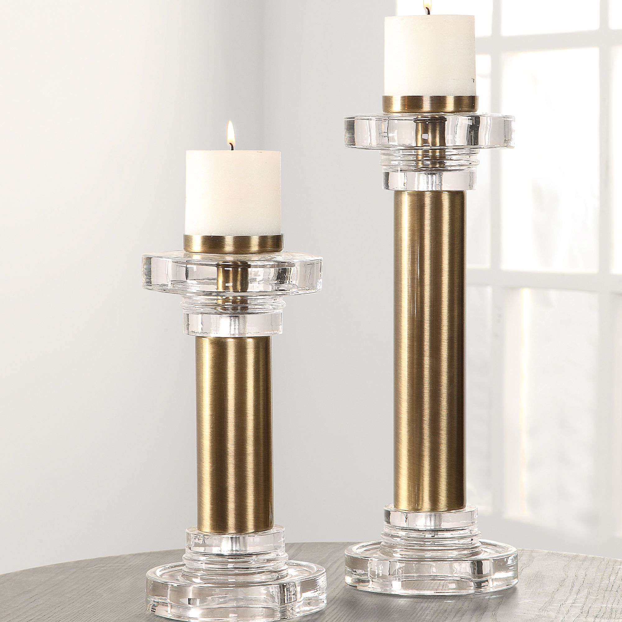 Uttermost Leslie Brushed Brass Pillar Candle Holder Set of 2 58J22
