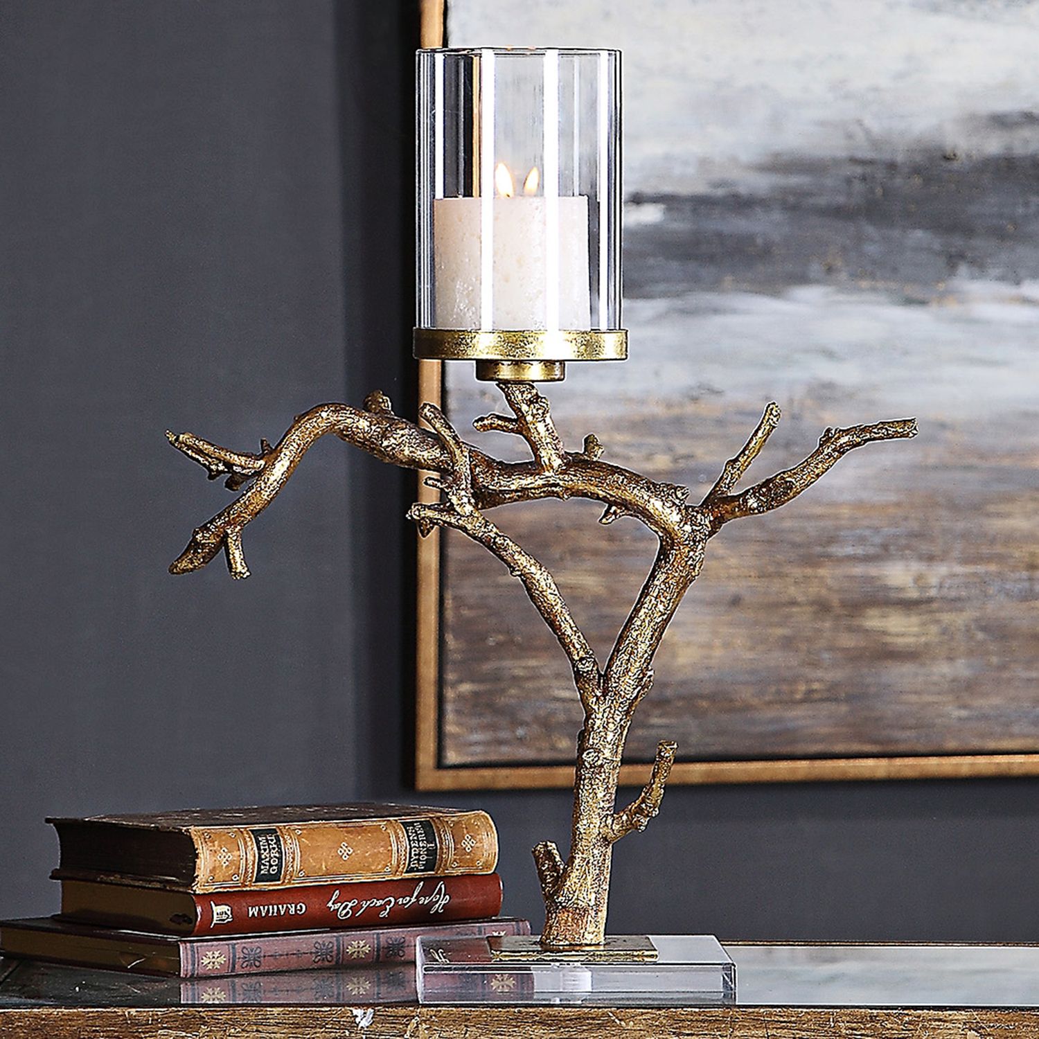 Uttermost Saud Antiqued Gold Branch Pillar Candle Holder 58P85