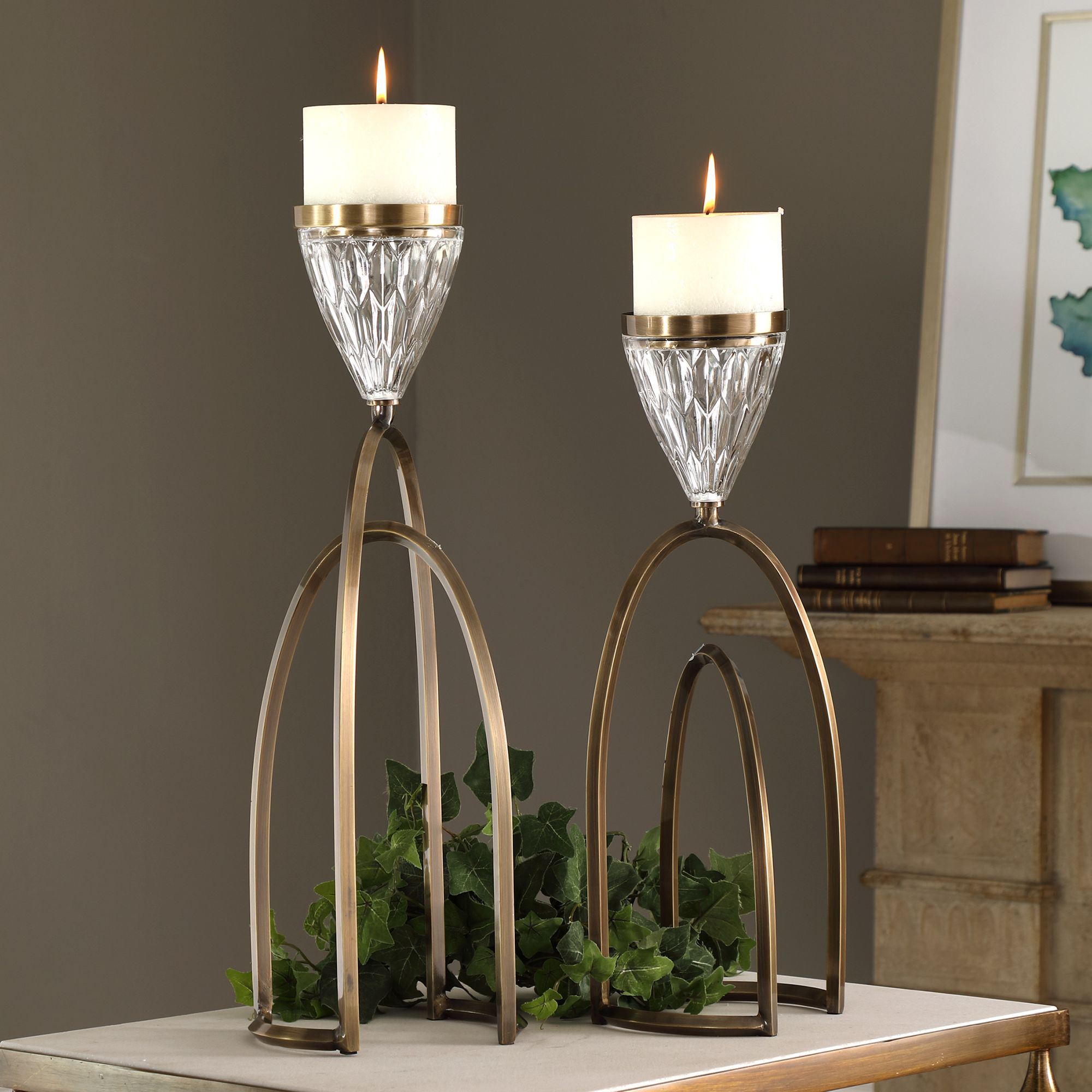 Carma Bronze and Clear Glass Pillar Candle Holder Set of 2 58P99