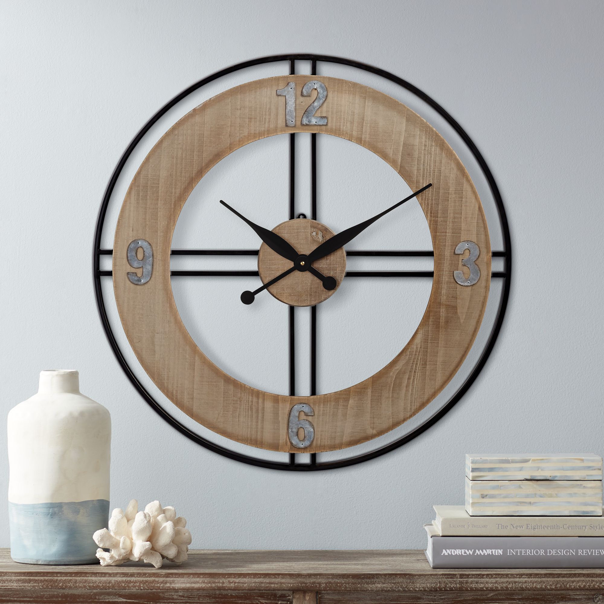 Wood And Metal Wall Clock Addie 30" Round Wood and Metal Wall Clock 58X00 Lamps Plus