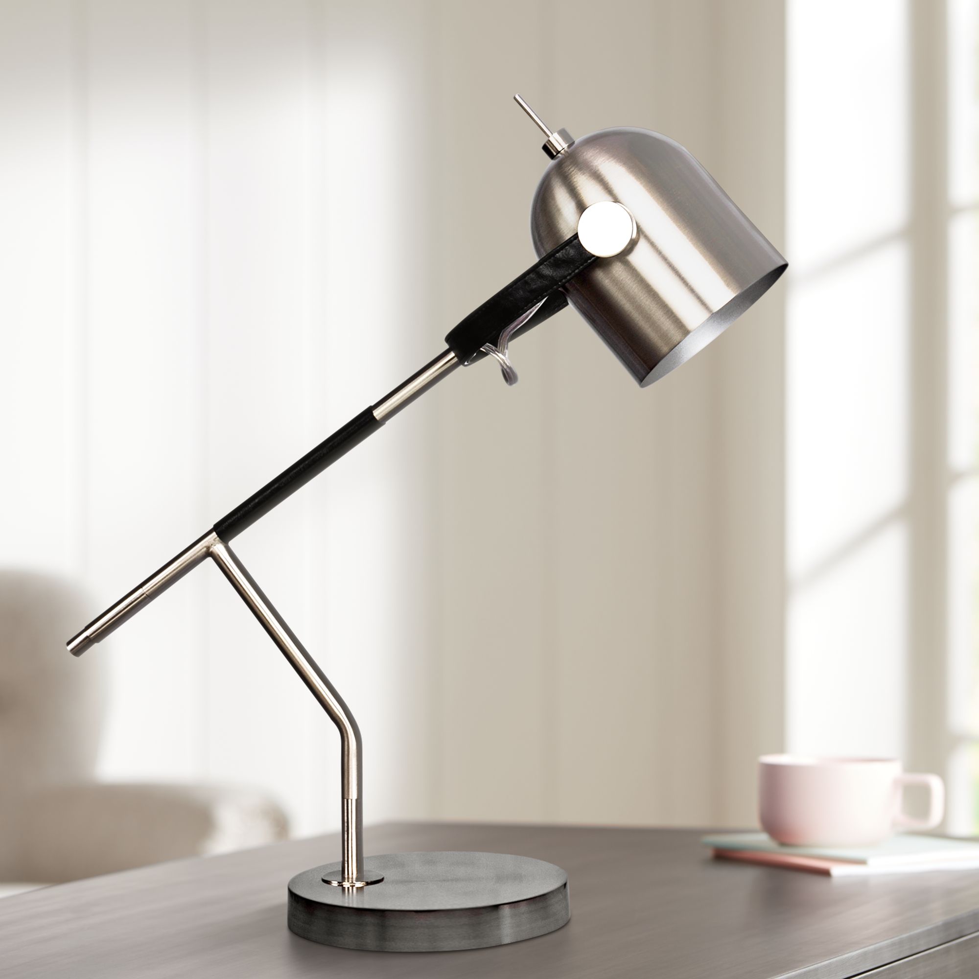 Wrapped Black Leather and Brushed Steel Metal Desk Lamp 59M92