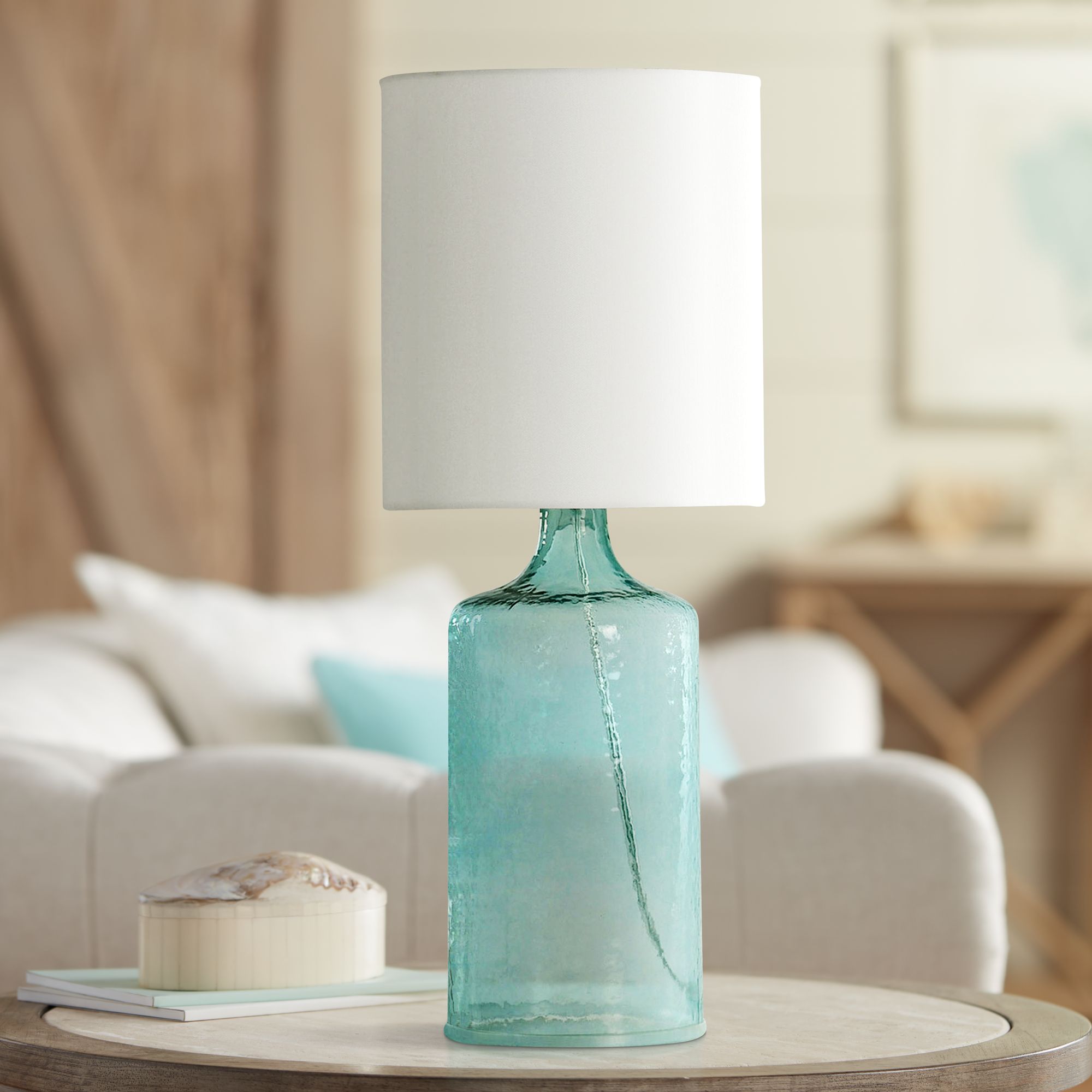 Aqua Blue Accent Table Lamp with White Hardback Fabric Shade 60W36