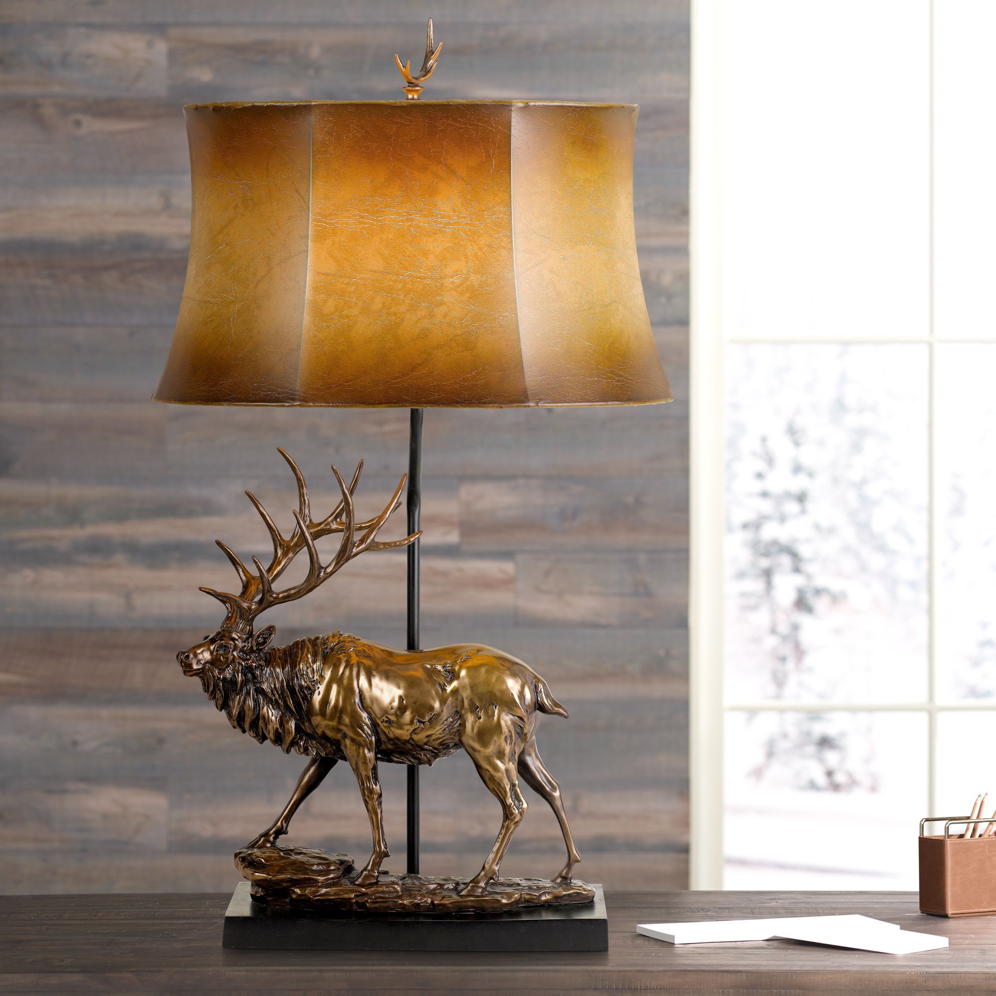 Deer Antique Bronze Table Lamp with Leatherette Shade 63K19 Lamps Plus