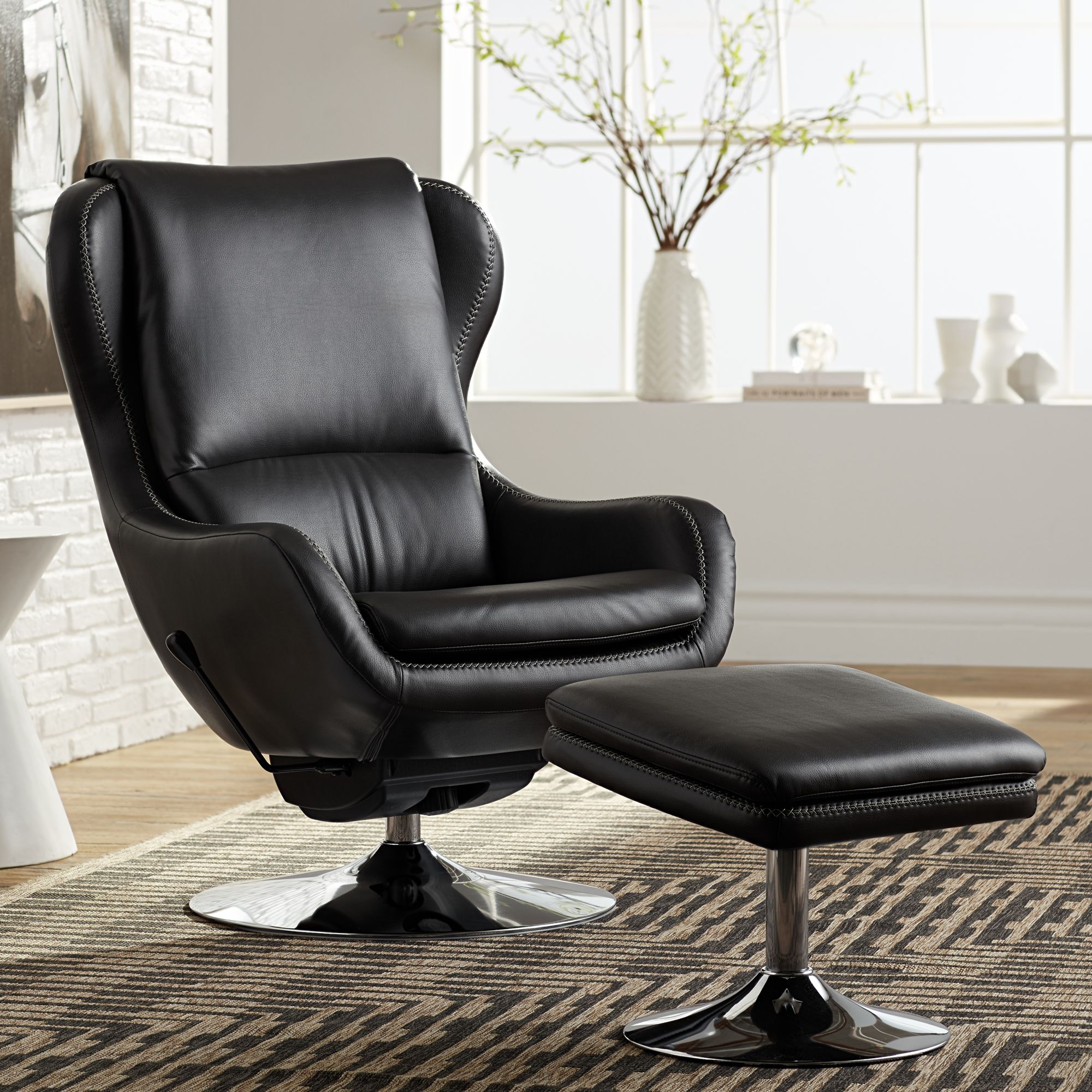 Baxter Black Faux Leather Lounge Chair and Ottoman 63M82 Lamps Plus
