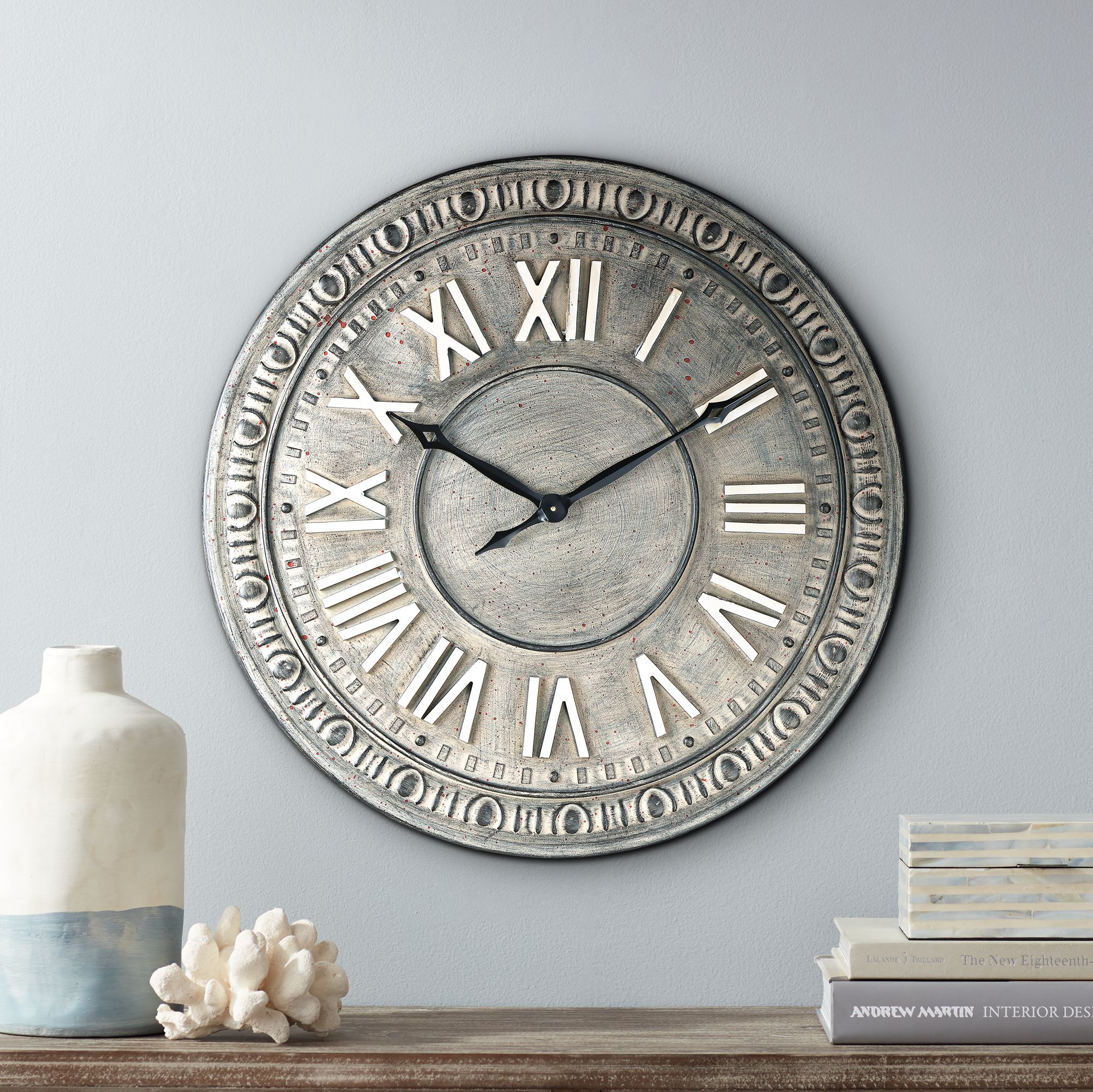 Romana 34 1/2" Wide Gray Roman Numeral Metal Wall Clock 64K63