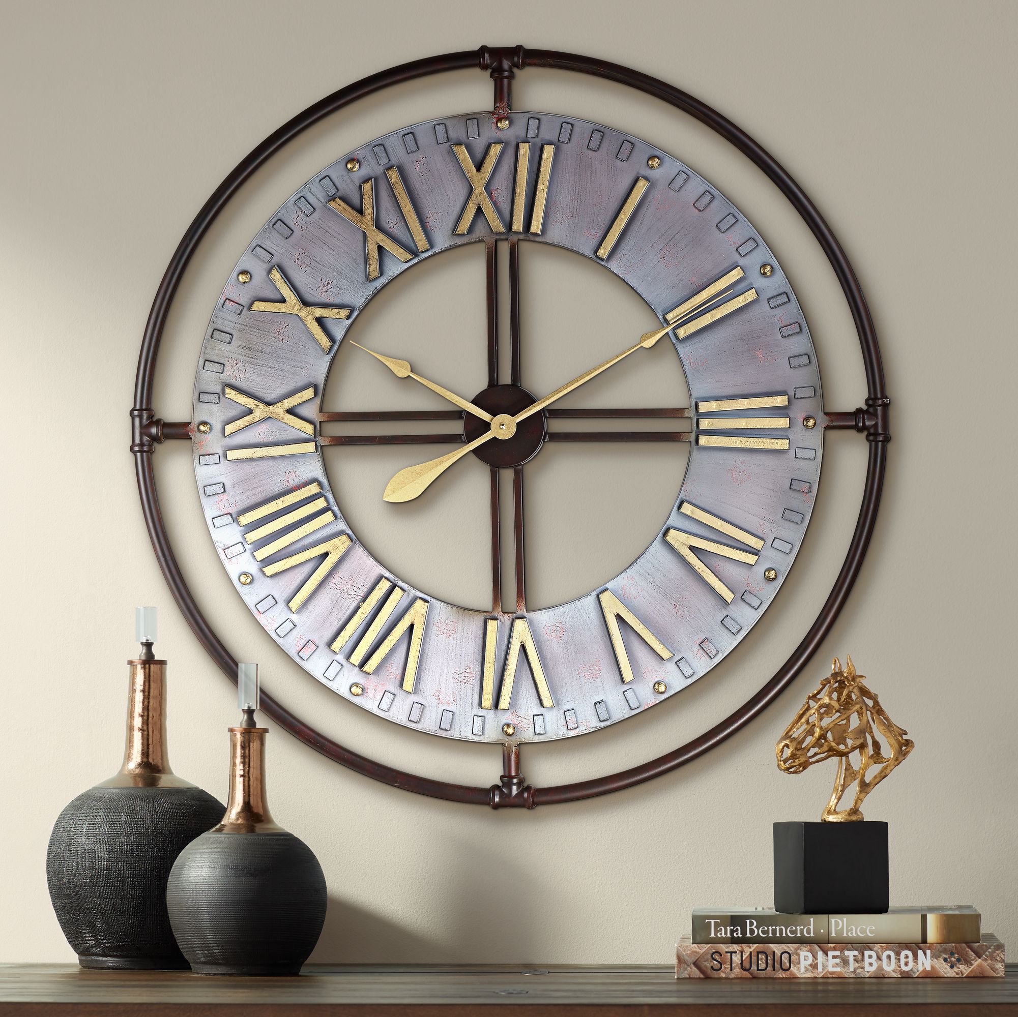 Large Open Face Wall Clock Industry 33" Wide Steel and Gold OpenFace Wall Clock 64K84 Lamps Plus