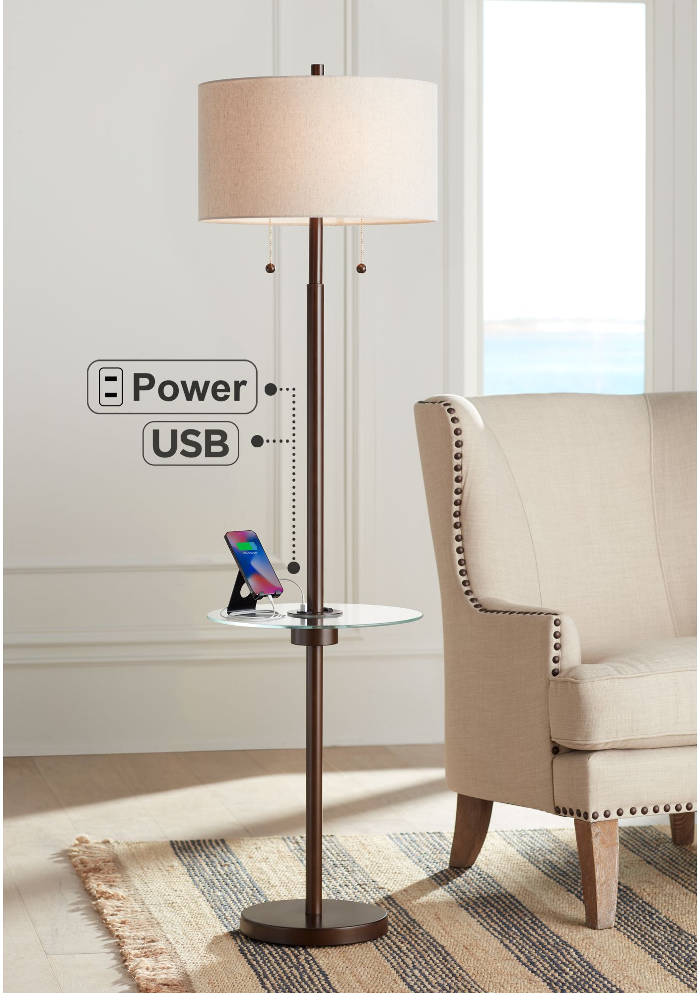 Morrow Bronze Tray Table Floor Lamp with USB Port and