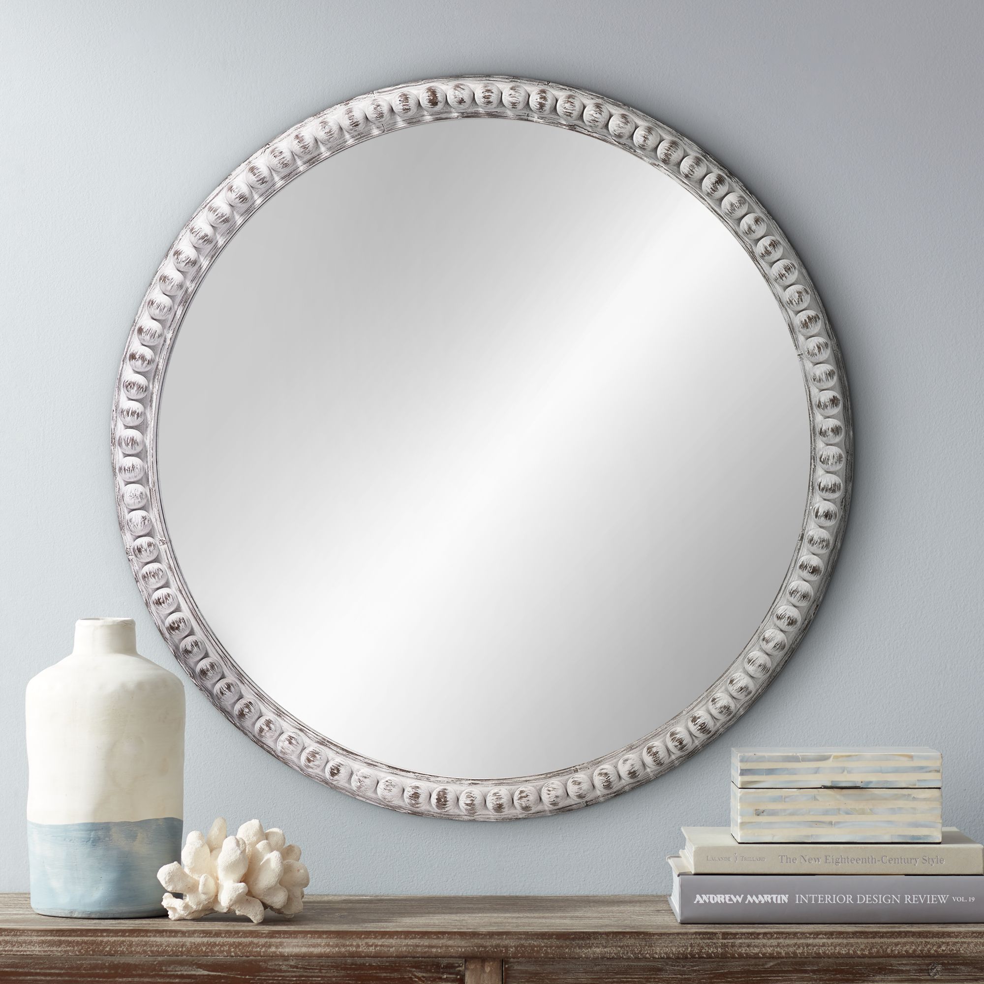 Jamie Young Audrey White Wood Beaded 30" Round Wall Mirror 64P27