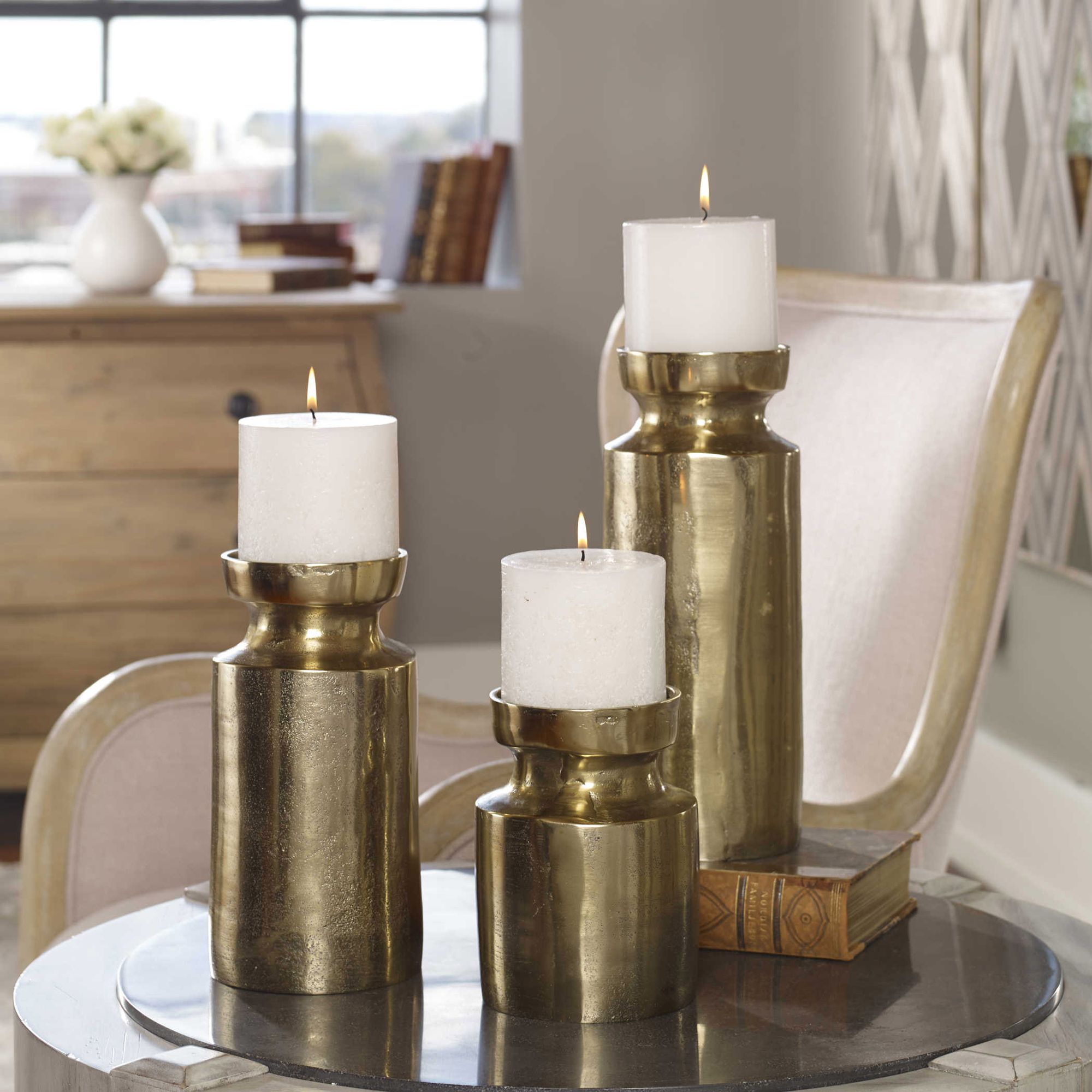 Uttermost Amina Antique Brass Pillar Candle Holders Set of 3 64Y94 Lamps Plus