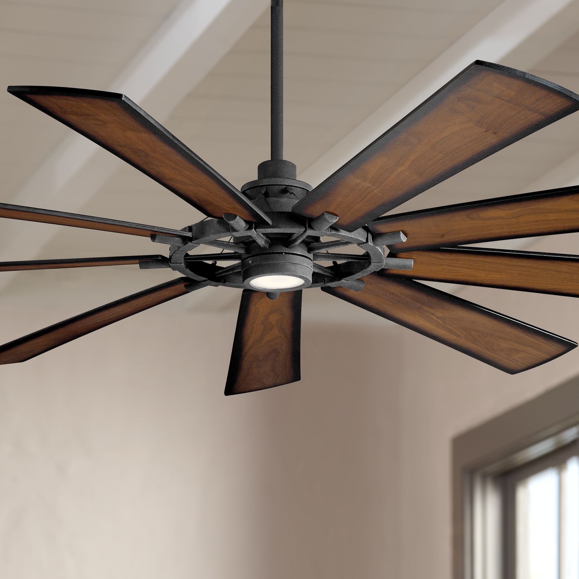 85" Kichler Gentry XL Distressed Black LED Wagon Wheel Ceiling Fan