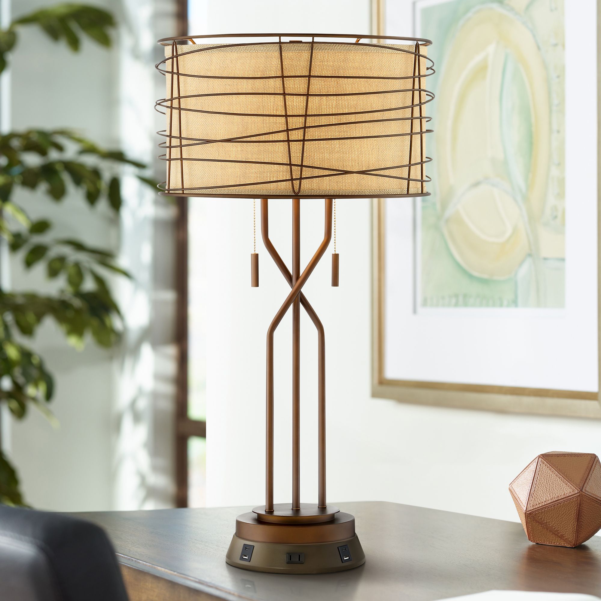 Marlowe Bronze Woven Metal Table Lamp with USB Workstation Base