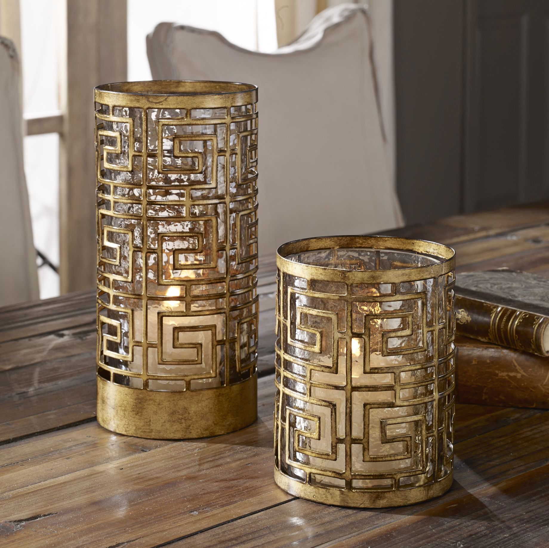 Ruhi Antique Gold Hurricane Candle Holders Set of 2 67H85 Lamps Plus