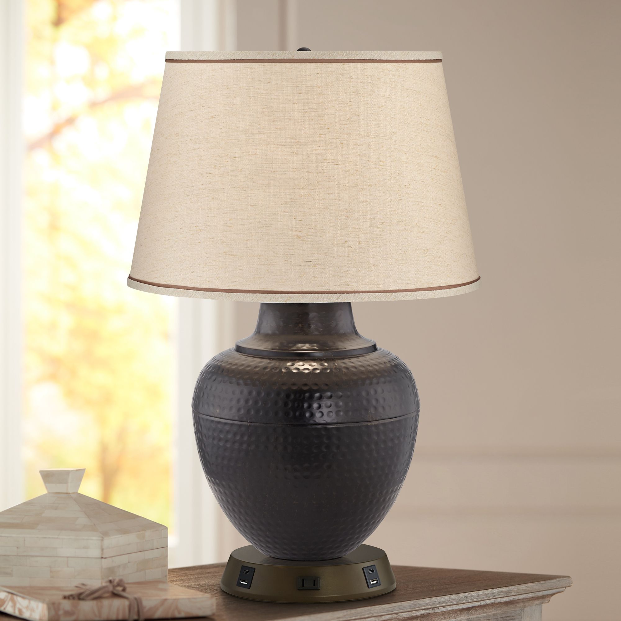 Brighton Hammered Pot Bronze Table Lamp with USB Workstation Base