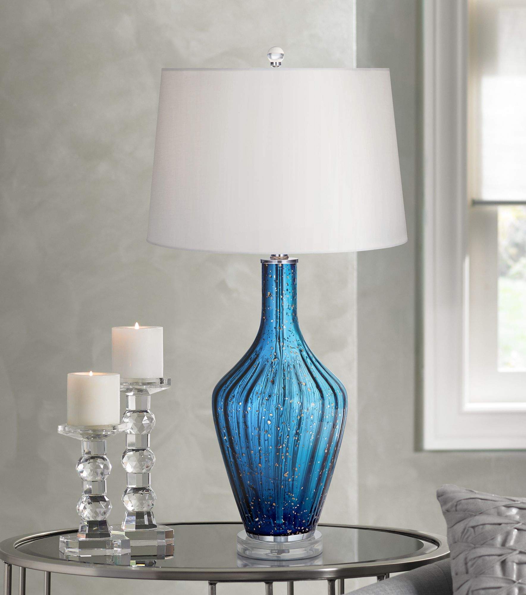 Possini Euro Elin Blue Fluted Art Glass Table Lamp 6P899 Lamps Plus