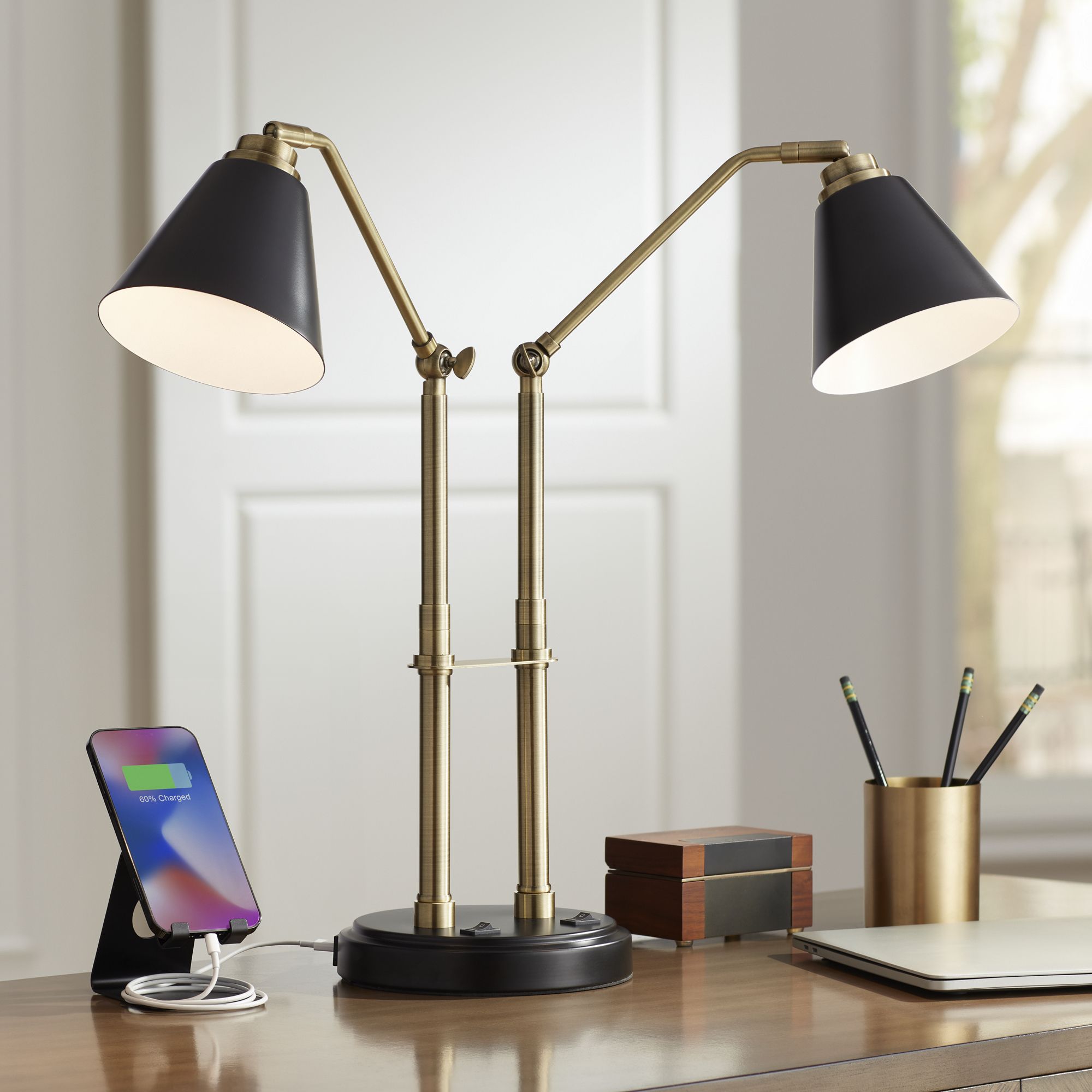 Possini Euro Sentry Black and Antique Brass Desk Lamp with USB Port