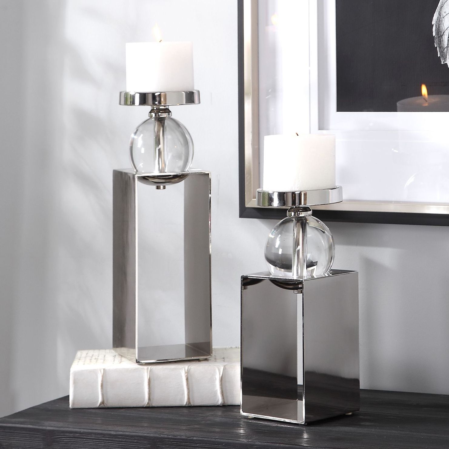 Lucian Polished Nickel Pillar Candle Holders Set of 2 73R91 Lamps Plus