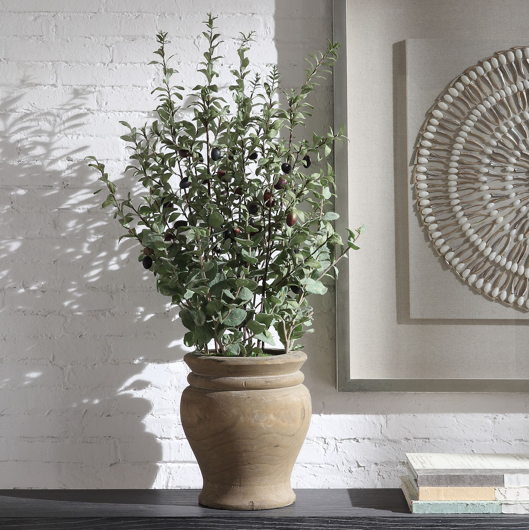 Tassos 36" High Faux Green Olive Branches in Wooden Vase 73T13