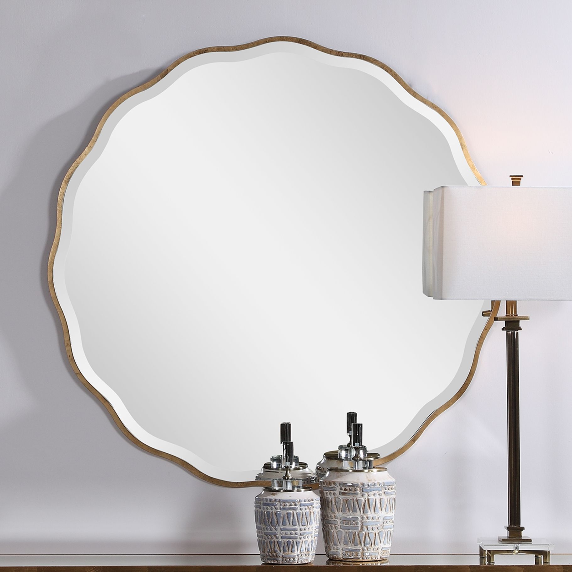 Aged Gold Scalloped 42" Round Oversized Wall Mirror 78P92