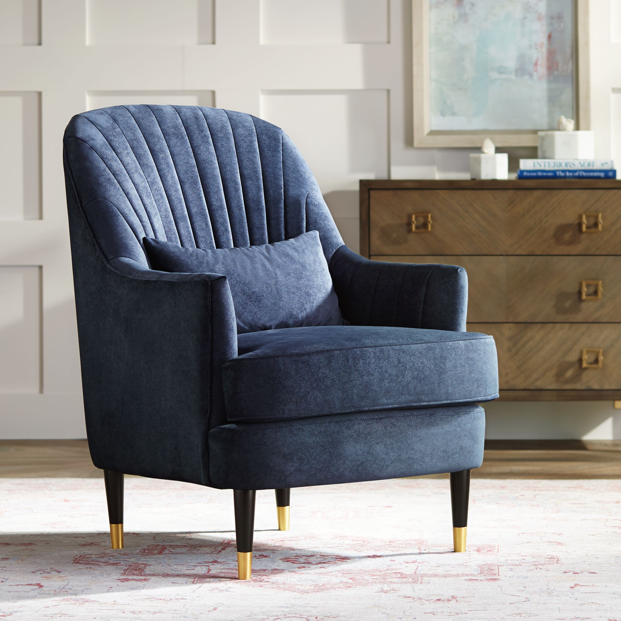 Austen Navy Velvet Tufted Armchair with Pillow 78R36 Lamps Plus