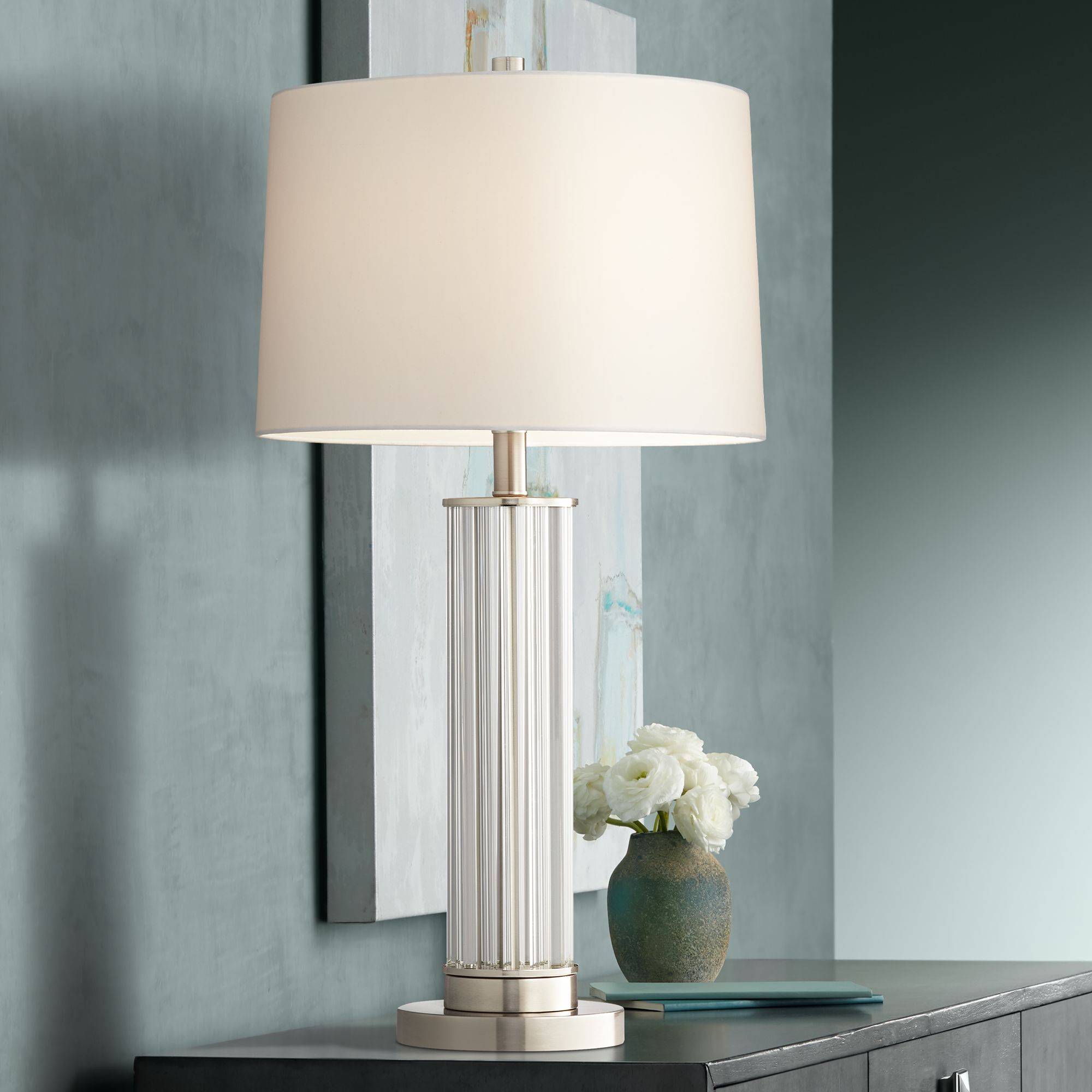 Denise Brushed Nickel Crystal Glass Rod Column Table Lamp 78T14