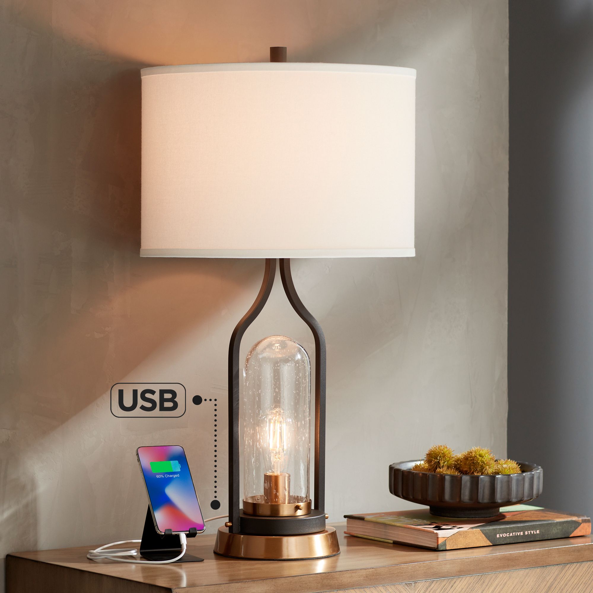 Parker Bronze Farmhouse USB Table Lamp with LED Night Light 80N28