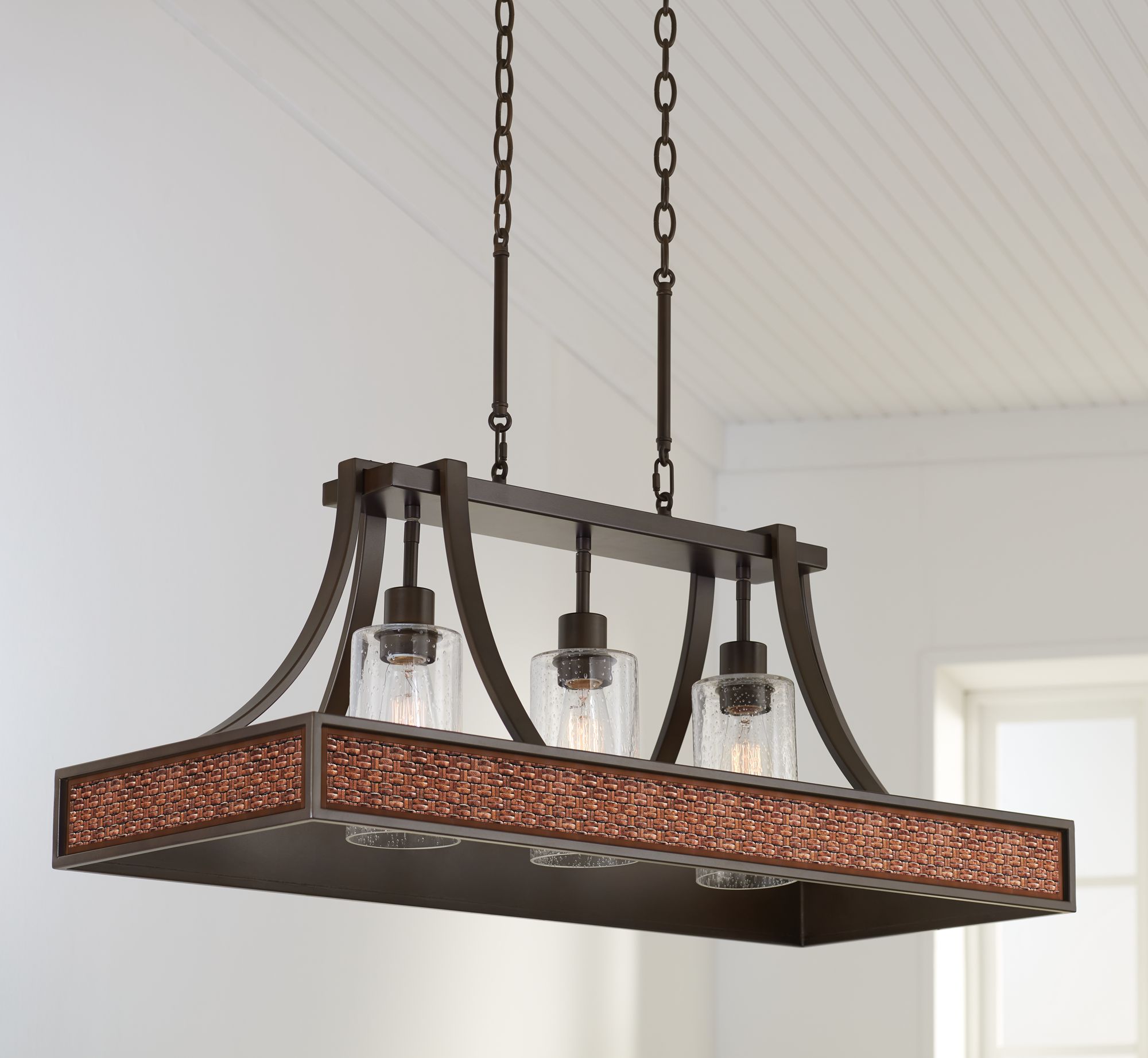 Woven Leather Oswald Bronze Kitchen Island Light Pendant 85E75