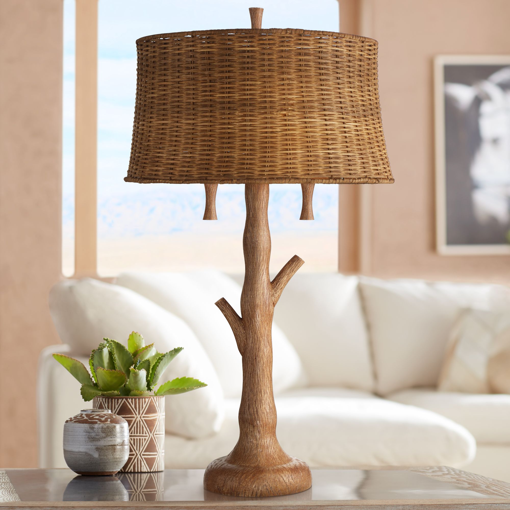 Dawson Rustic Tree Trunk Rattan Shade Table Lamp 86C39 Lamps Plus