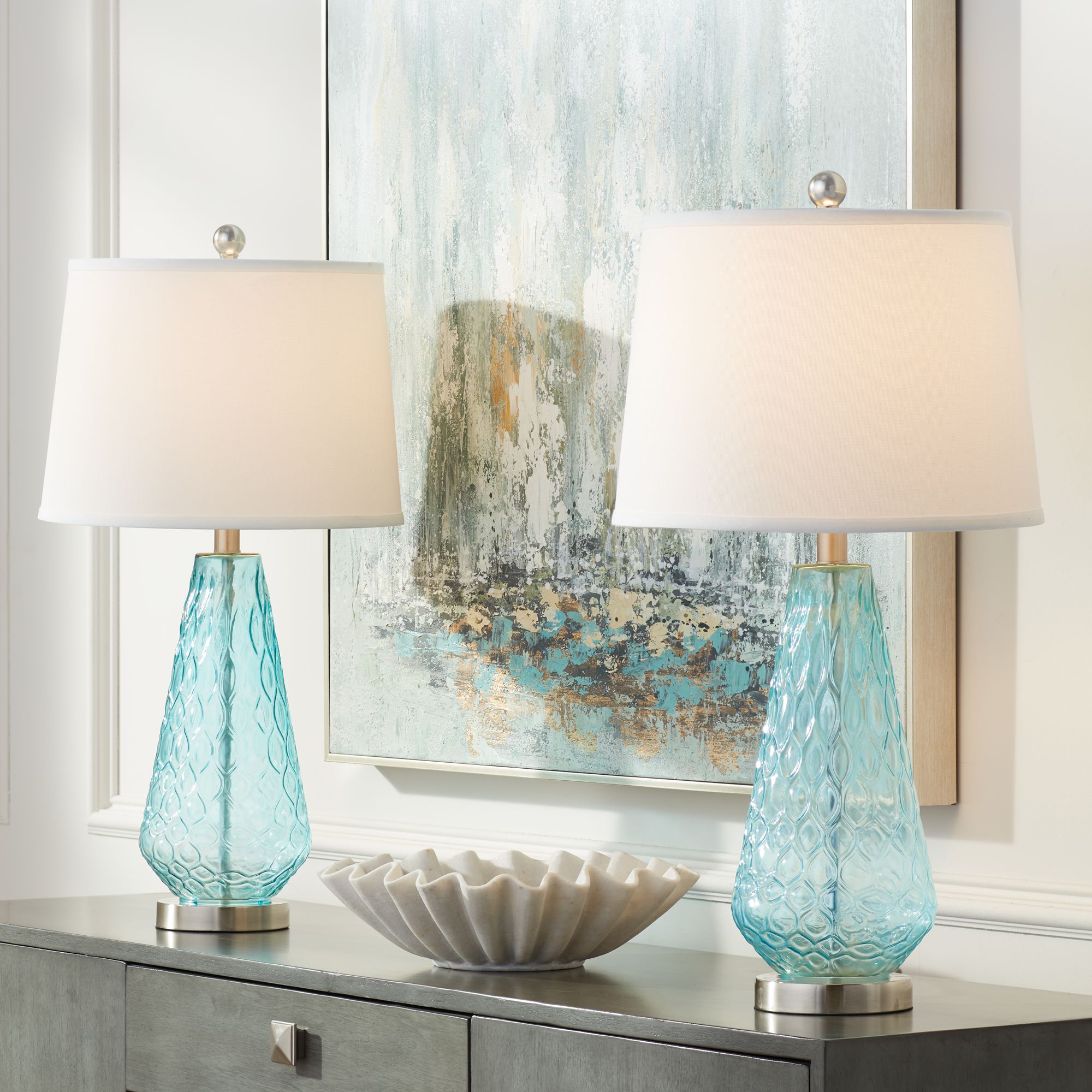 Dylan Blue Glass Coastal Modern Table Lamps Set of 2 87T22 Lamps Plus