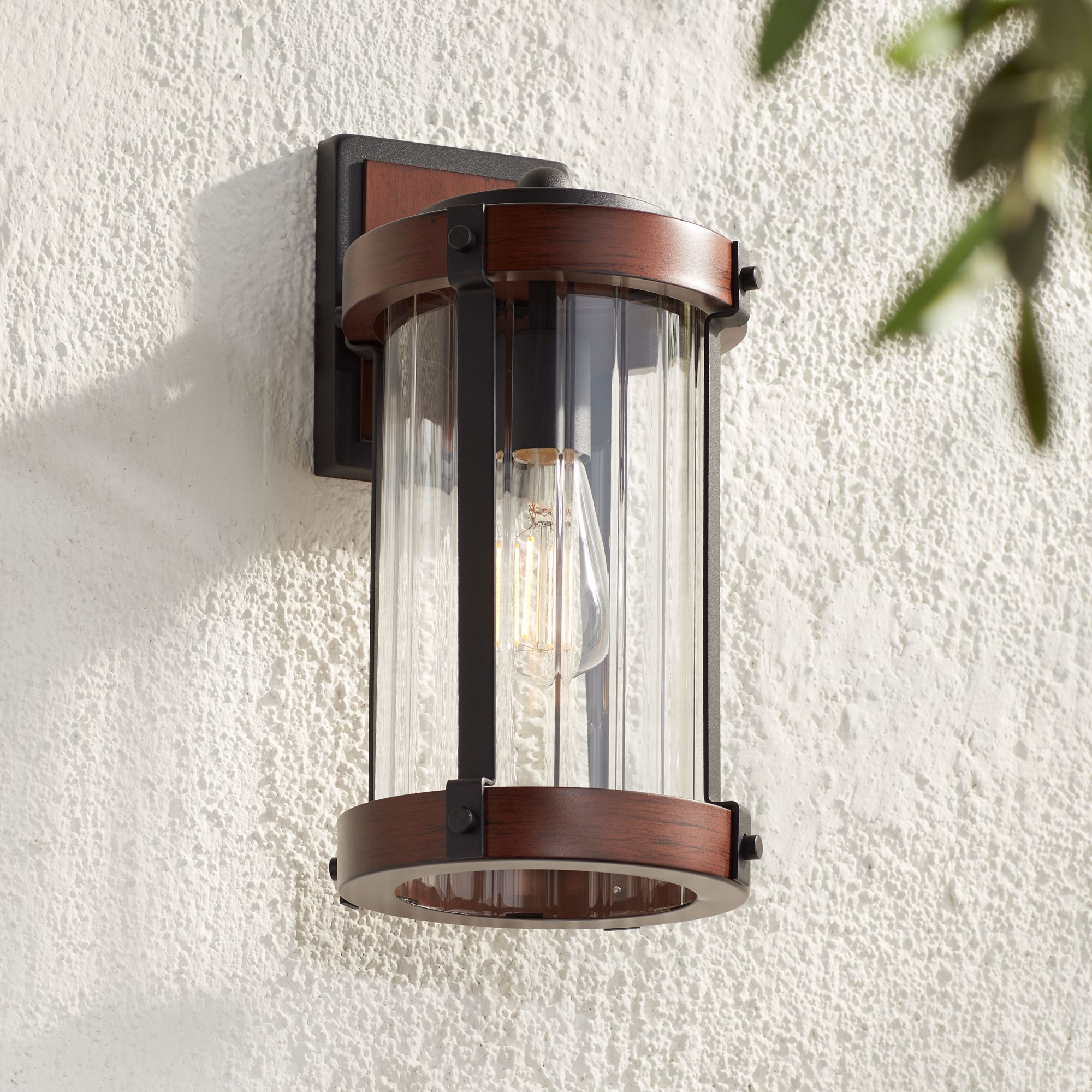 Stan 13 3/4" High Black and Dark Wood Outdoor Wall Light 87V88