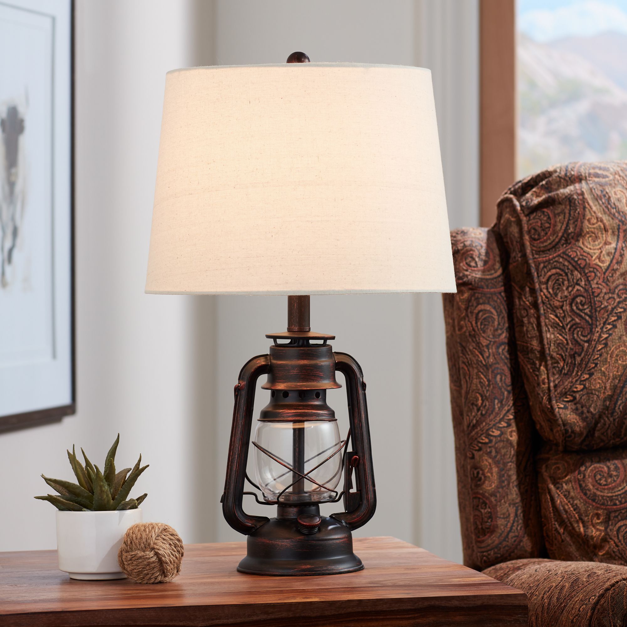 Murphy Red Bronze Miner Lantern Table Lamp with Table Top Dimmer