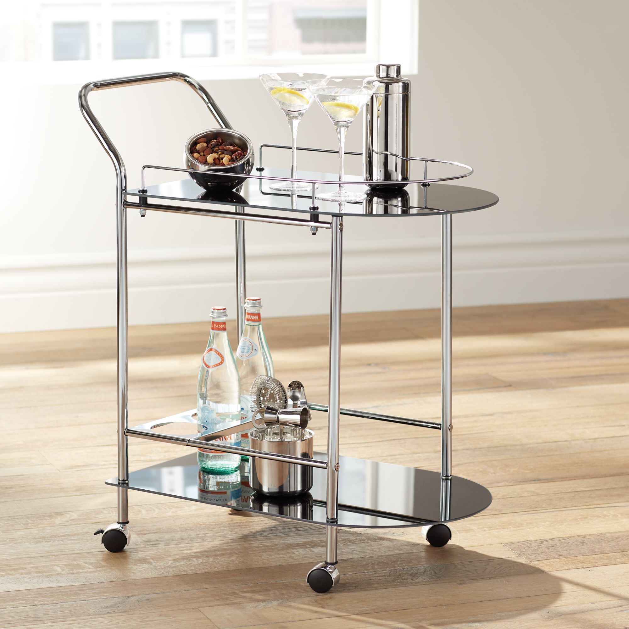 Finn 28 1/2" Wide Black Glass Chrome Rolling Serving Cart 8C299