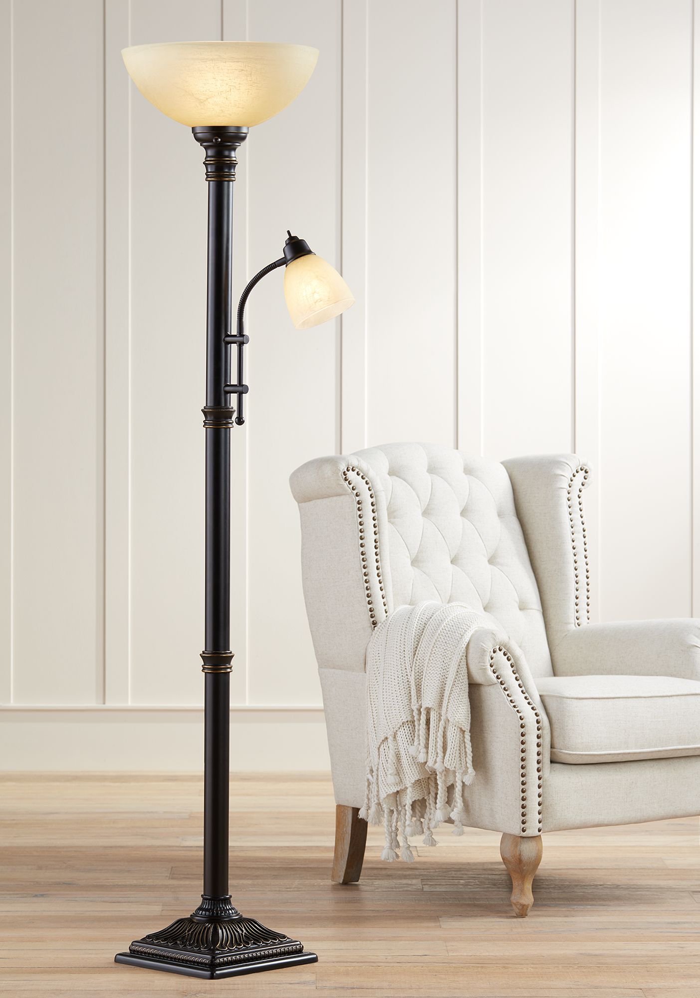 Garver Bronze Torchiere Floor Lamp with Reader Arm 8C397 Lamps Plus